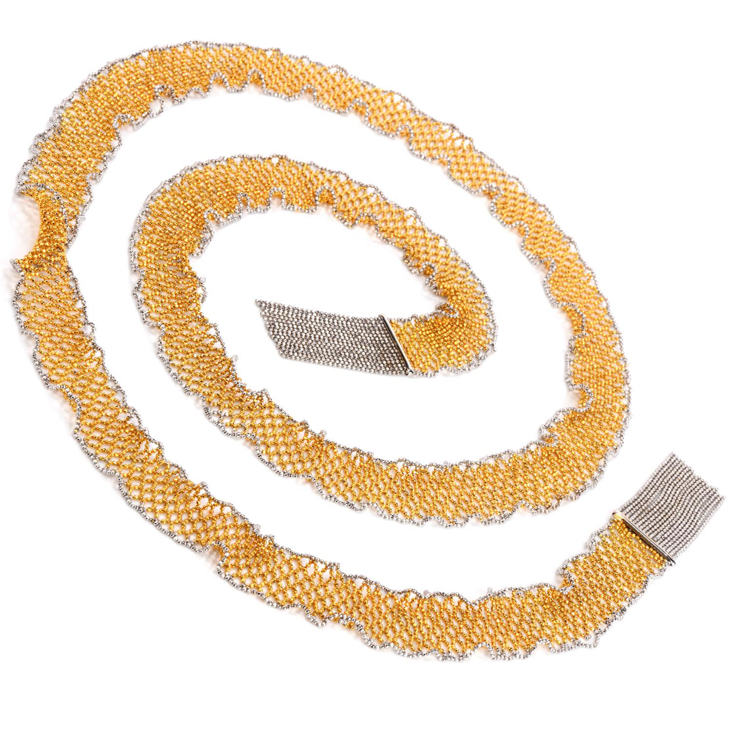 This extra long Italian Made Mesh Scarf necklace is crafted in solid 18k yellow with 18k white gold borders. 

This fashionable wrap around bead necklace is 41 inches long and 20 mm wide

with 18k white gold tassel at the end.

Weight : 107.2