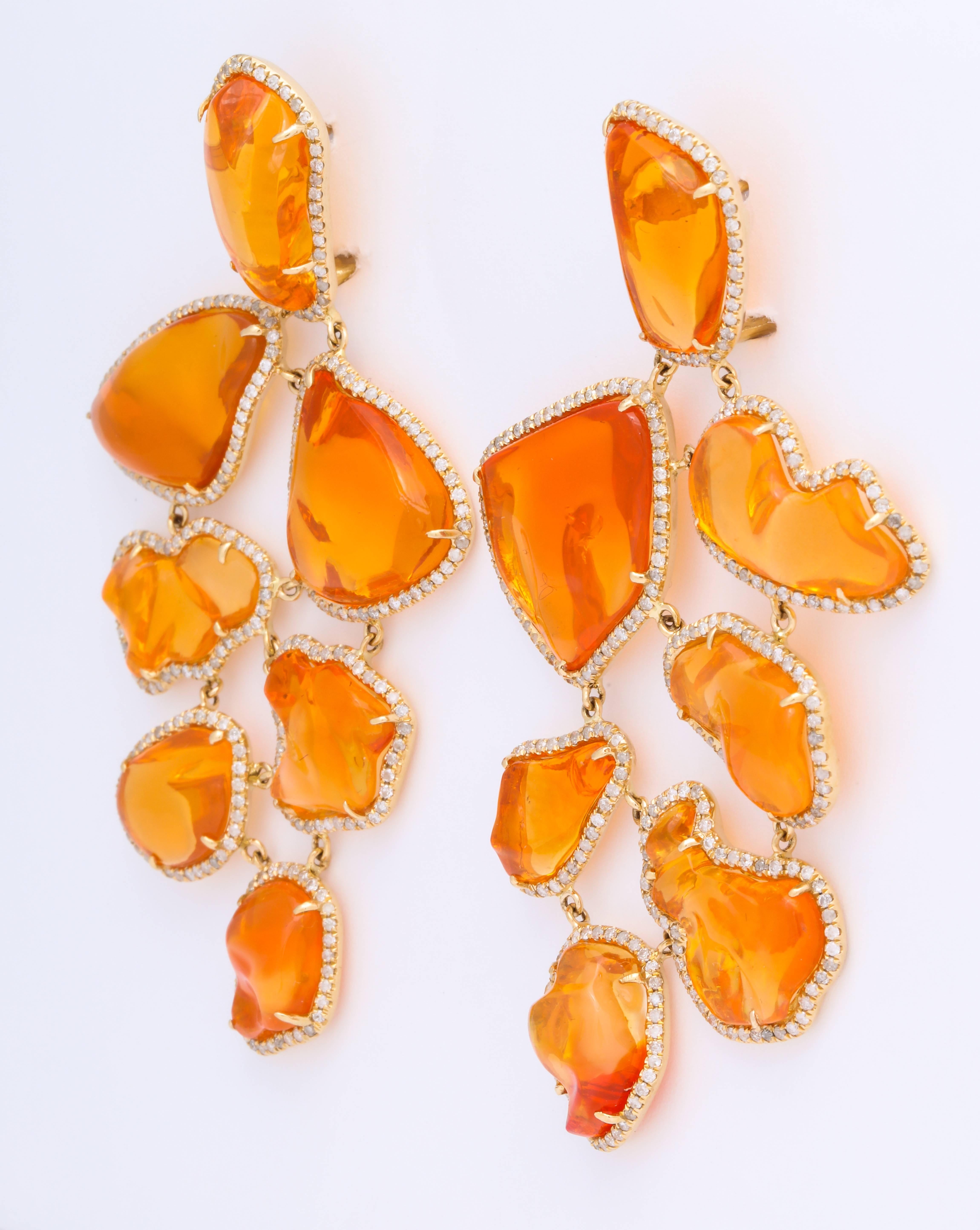 Long Mexican Fire Opal Diamond Earclips In New Condition In Bal Harbour, FL
