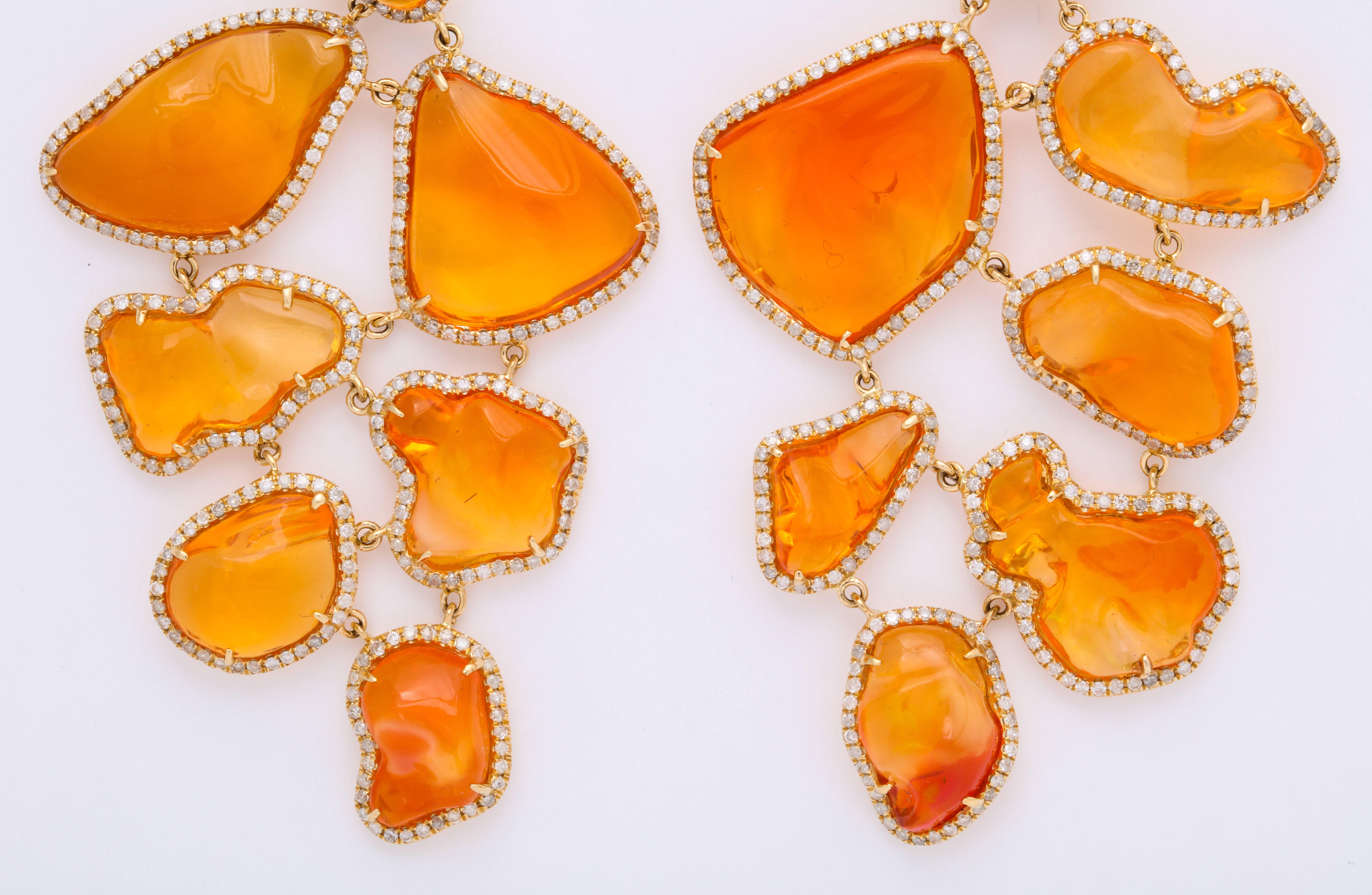 Women's or Men's Long Mexican Fire Opal Diamond Earclips