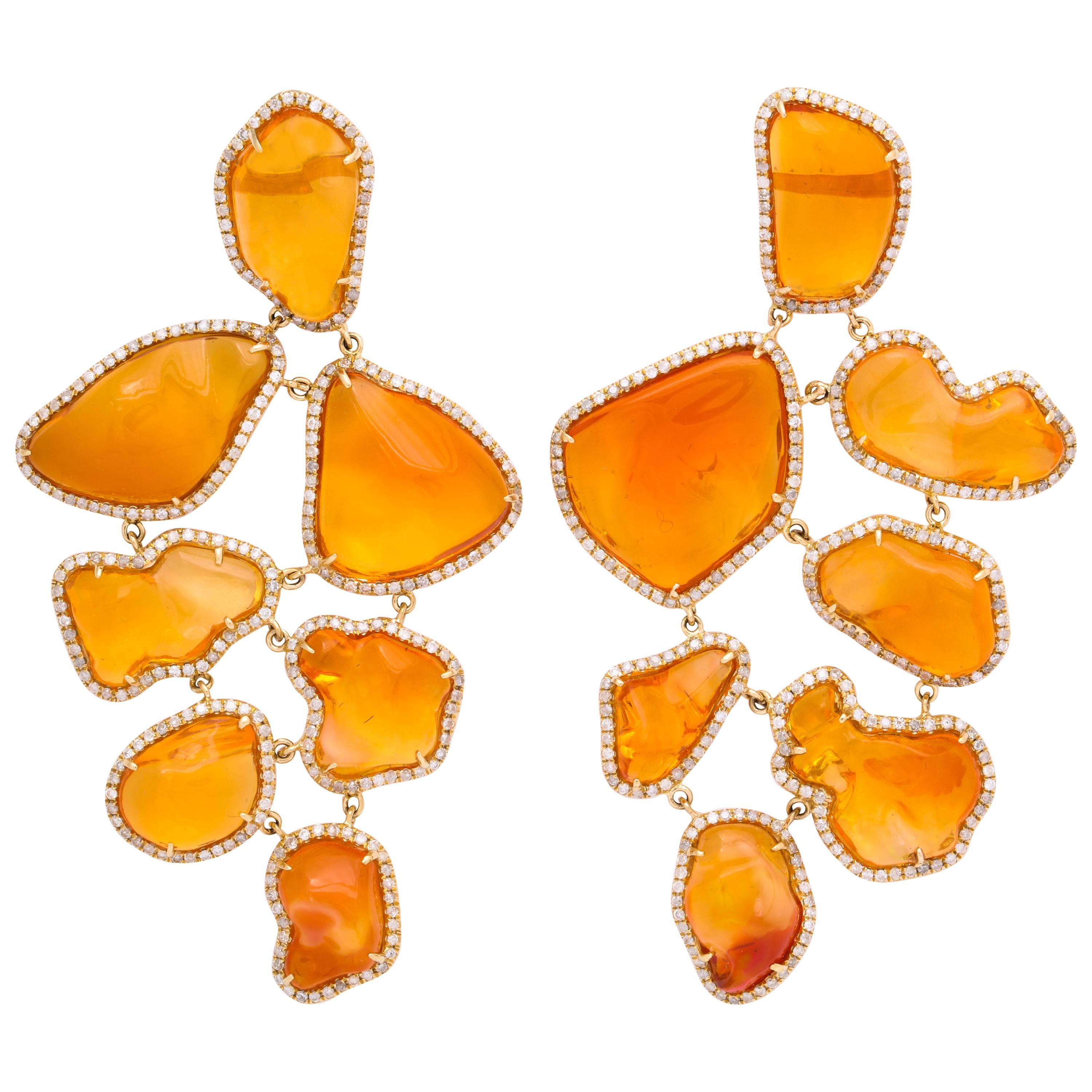 Long Mexican Fire Opal Diamond Earclips