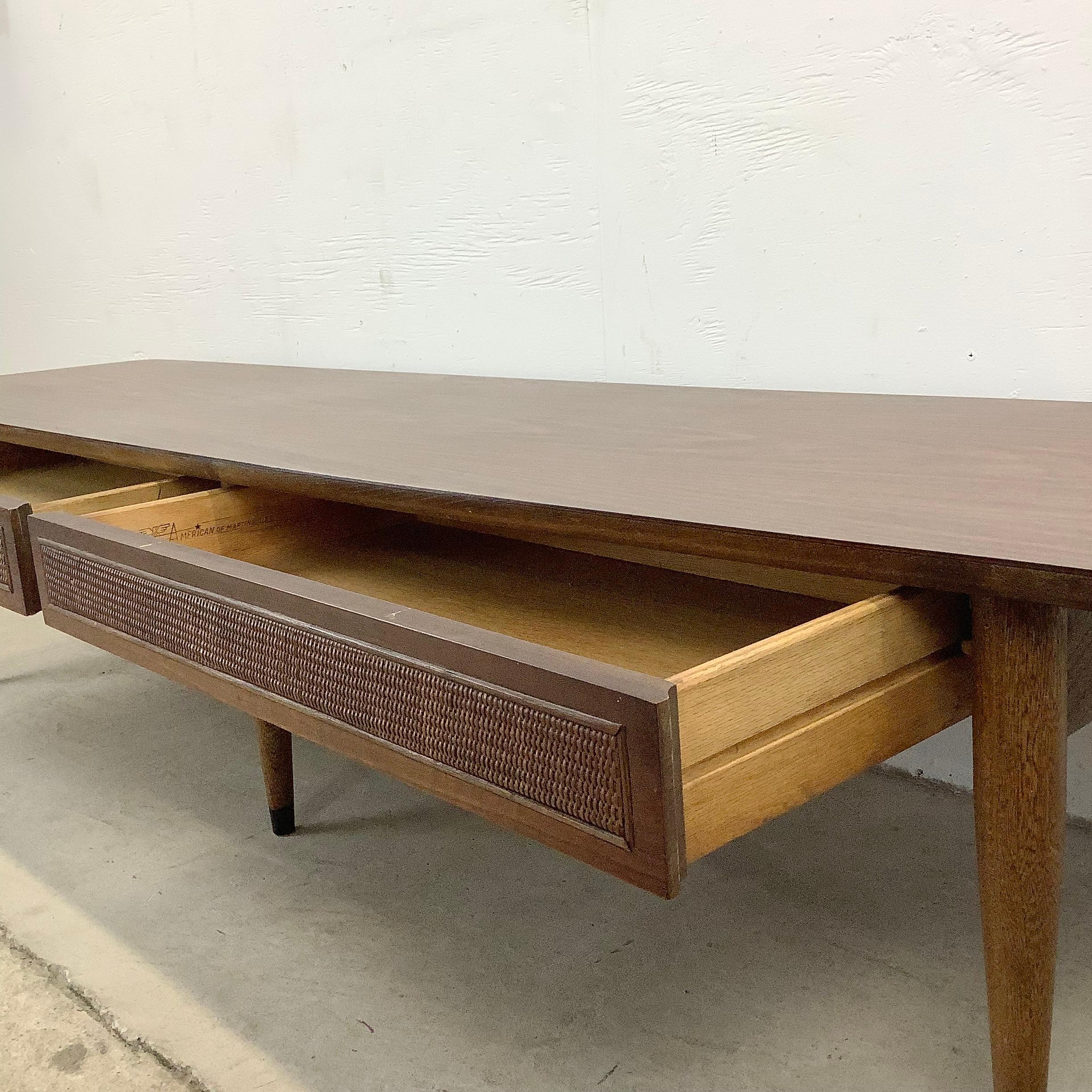 Laminate Long Midcentury Coffee Table with Dual Drawer Storage For Sale