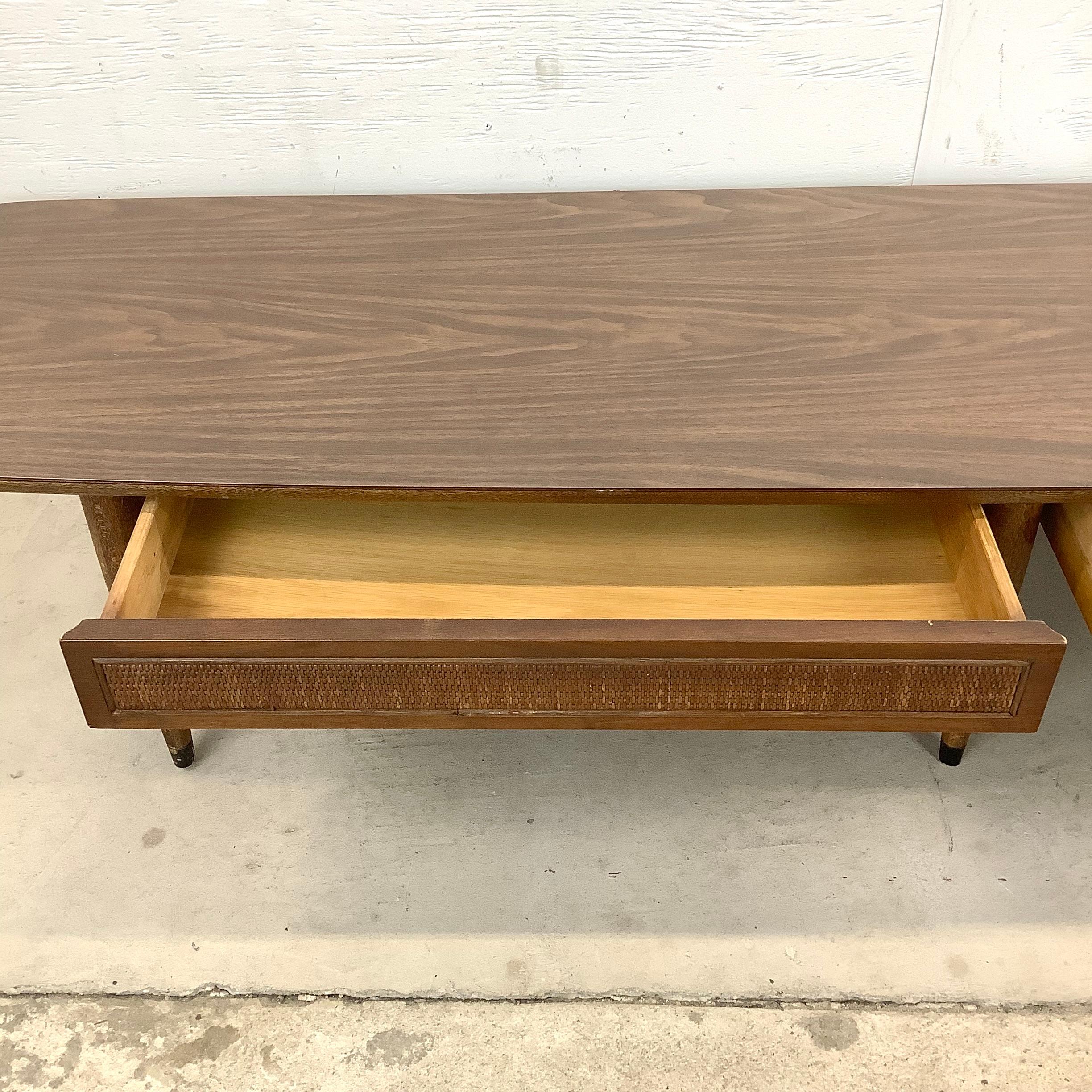 American Long Midcentury Coffee Table with Dual Drawer Storage For Sale