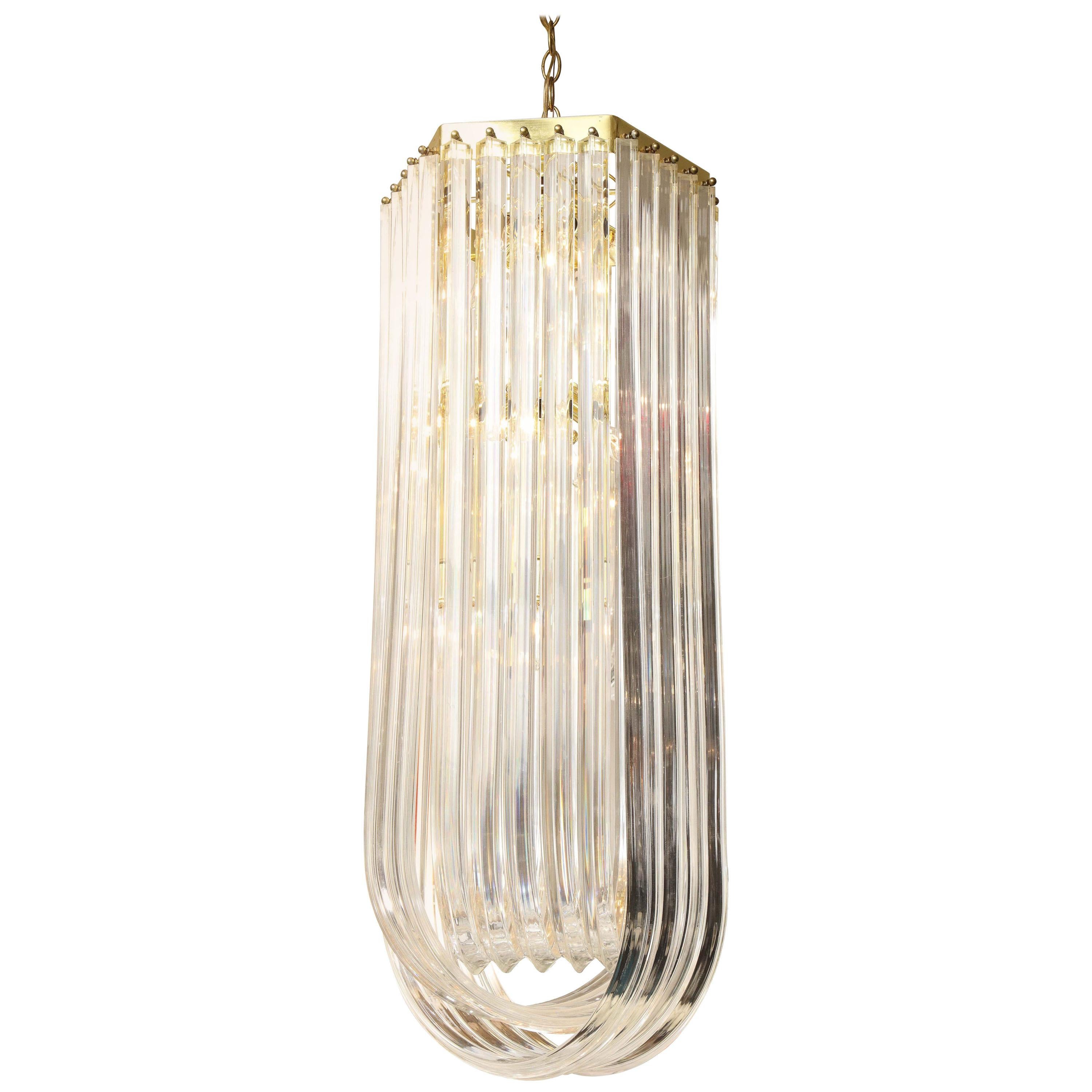 Long Mid-Century Curved Lucite Ribbon Chandelier in Brass For Sale