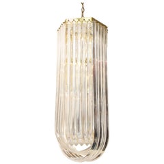 Long Mid-Century Curved Lucite Ribbon Chandelier in Brass