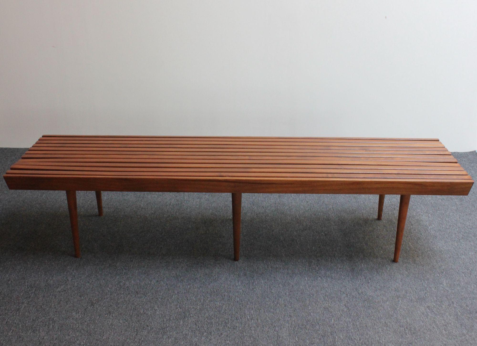 Long Mid-Century Modern Walnut Slatted Bench / Coffee Table with Tapered Legs For Sale 12