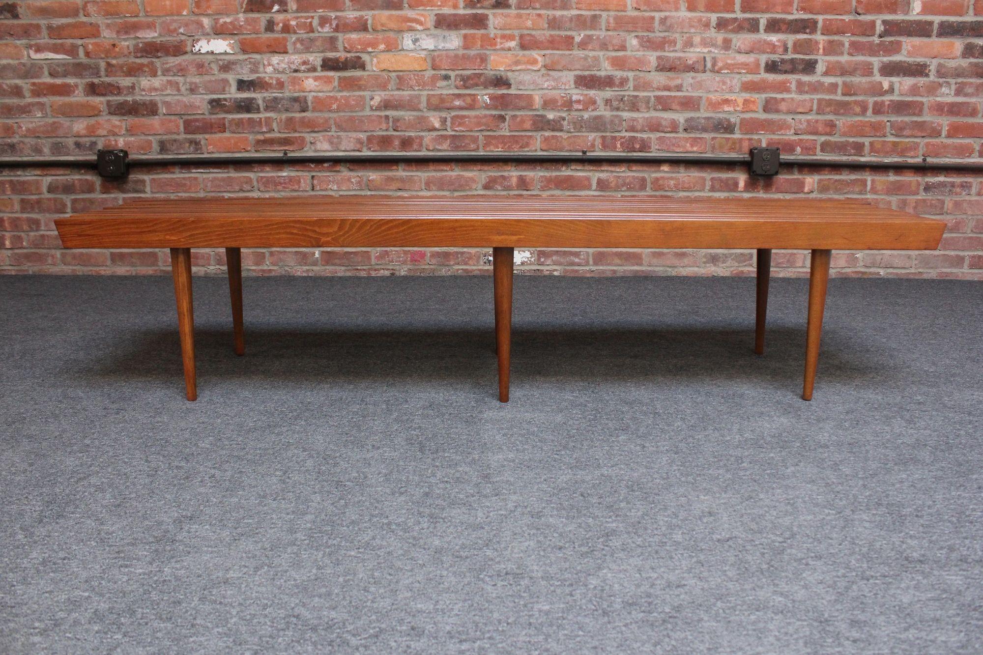 Long Mid-Century Modern Walnut Slatted Bench / Coffee Table with Tapered Legs For Sale 2