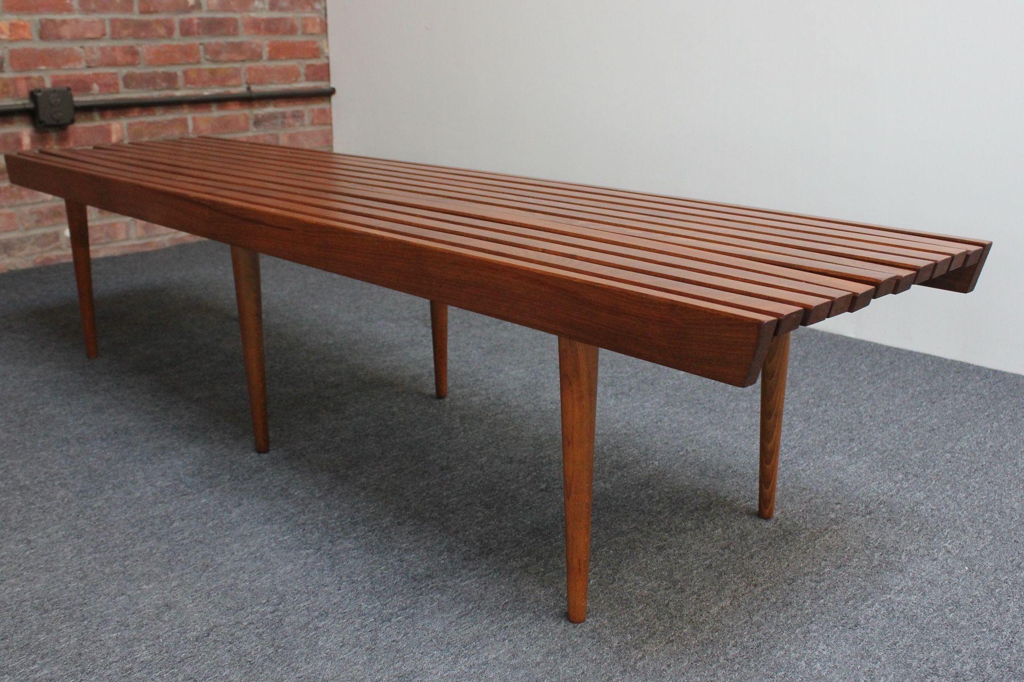 Long Mid-Century Modern Walnut Slatted Bench / Coffee Table with Tapered Legs For Sale 3