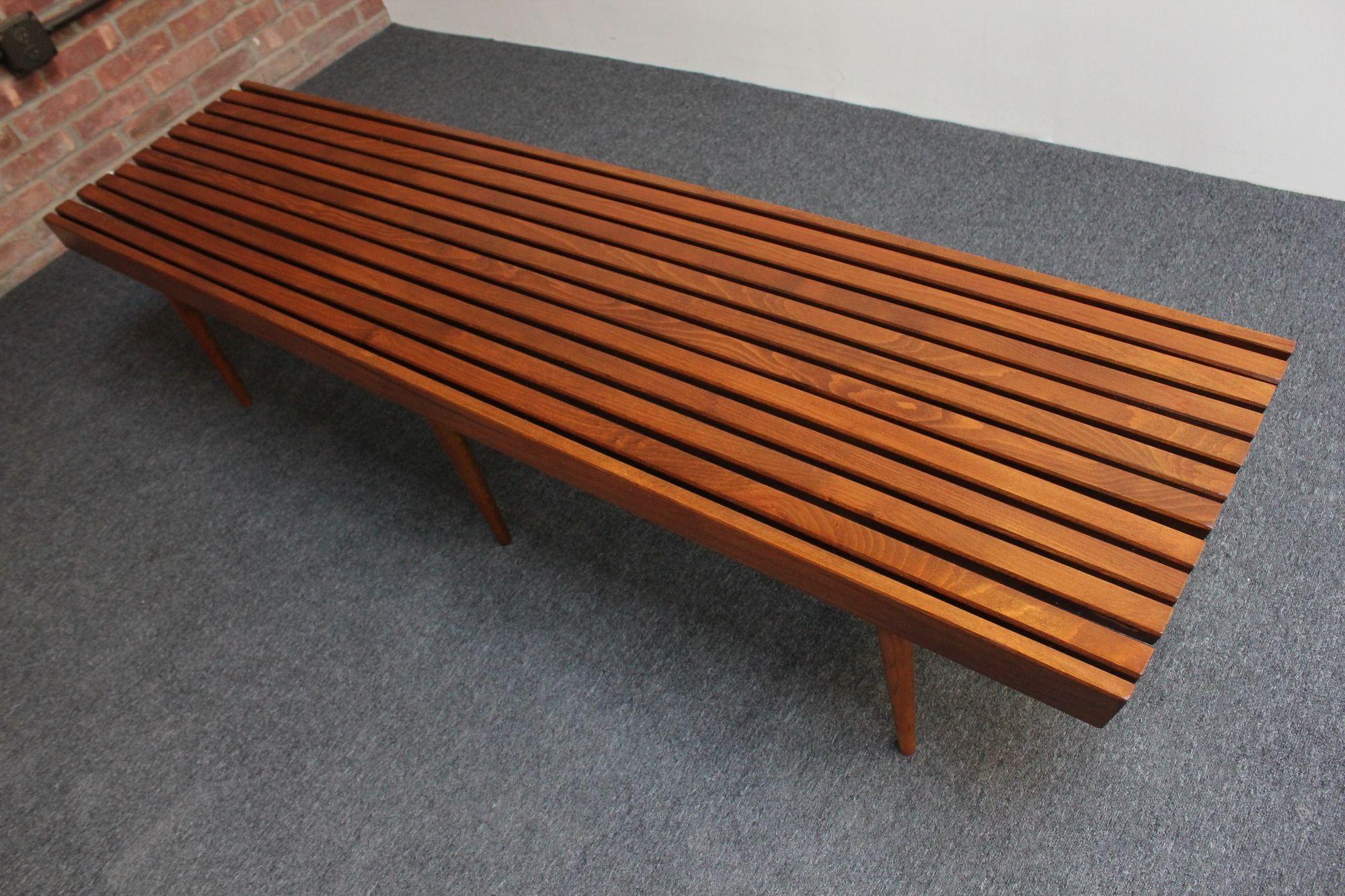 Long Mid-Century Modern Walnut Slatted Bench / Coffee Table with Tapered Legs For Sale 15