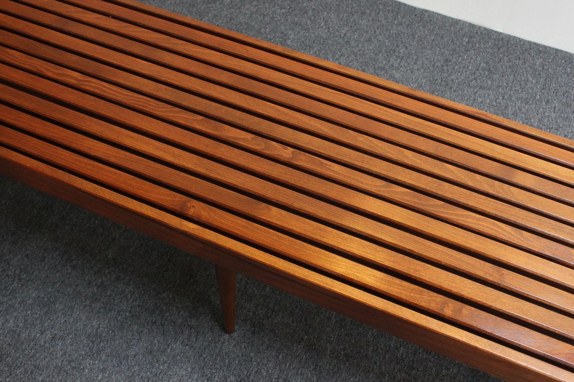 Long Mid-Century Modern Walnut Slatted Bench / Coffee Table with Tapered Legs For Sale 4