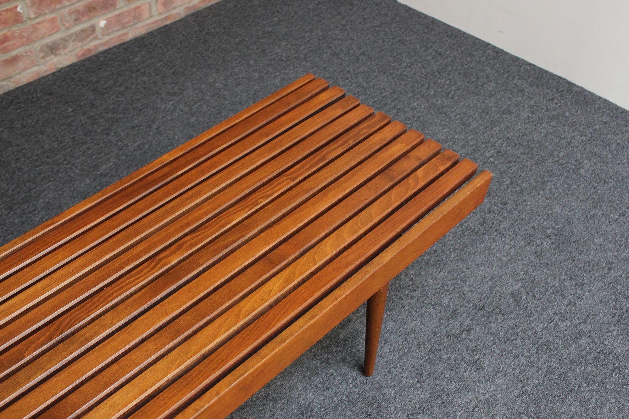 Long Mid-Century Modern Walnut Slatted Bench / Coffee Table with Tapered Legs For Sale 13