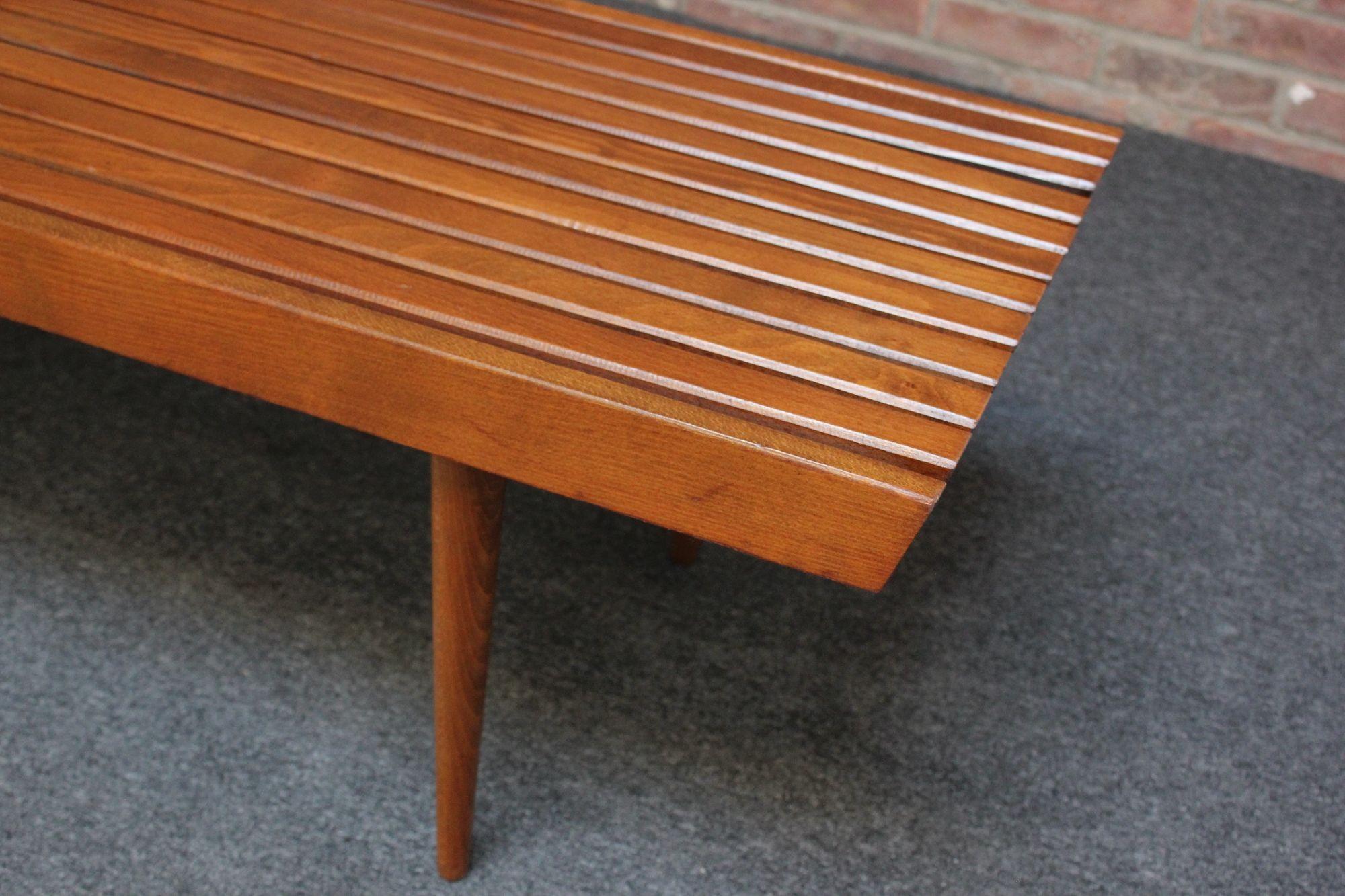 Long Mid-Century Modern Walnut Slatted Bench / Coffee Table with Tapered Legs For Sale 6