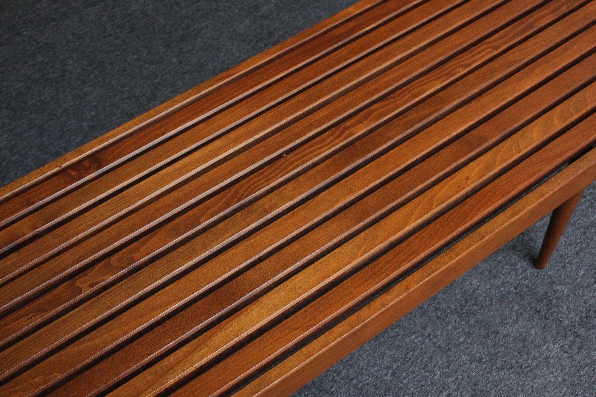 Long Mid-Century Modern Walnut Slatted Bench / Coffee Table with Tapered Legs For Sale 8