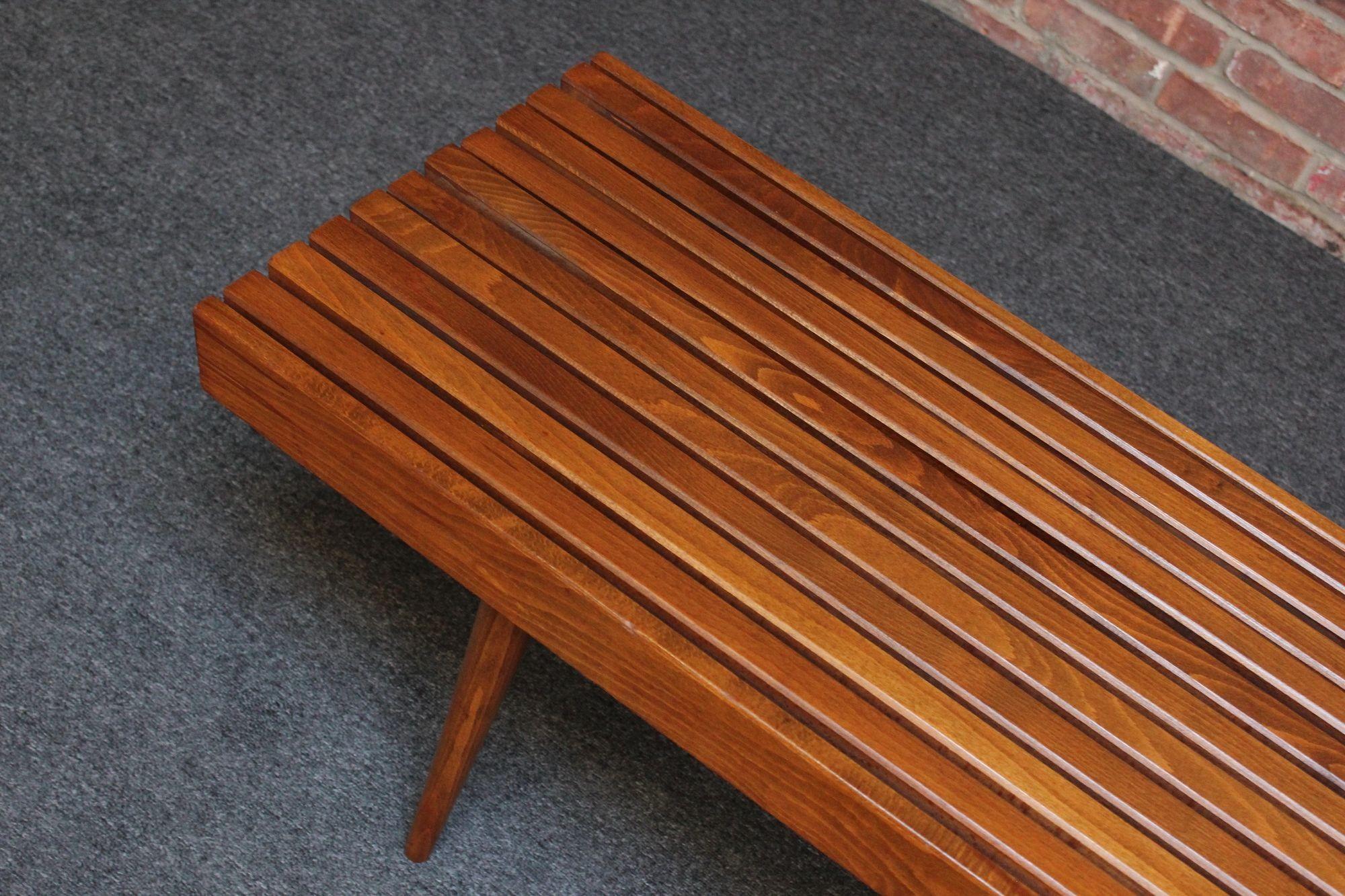 Long Mid-Century Modern Walnut Slatted Bench / Coffee Table with Tapered Legs For Sale 7
