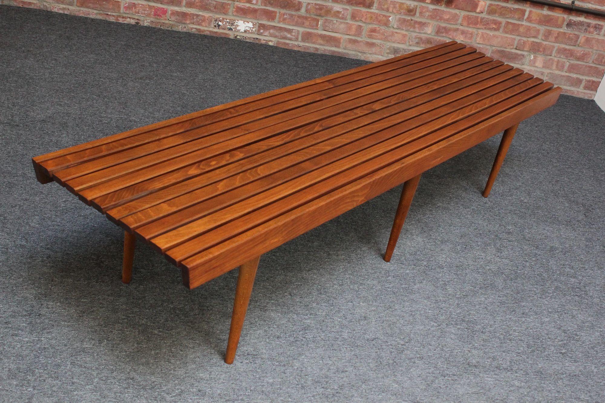 Long Mid-Century Modern Walnut Slatted Bench / Coffee Table with Tapered Legs For Sale 9