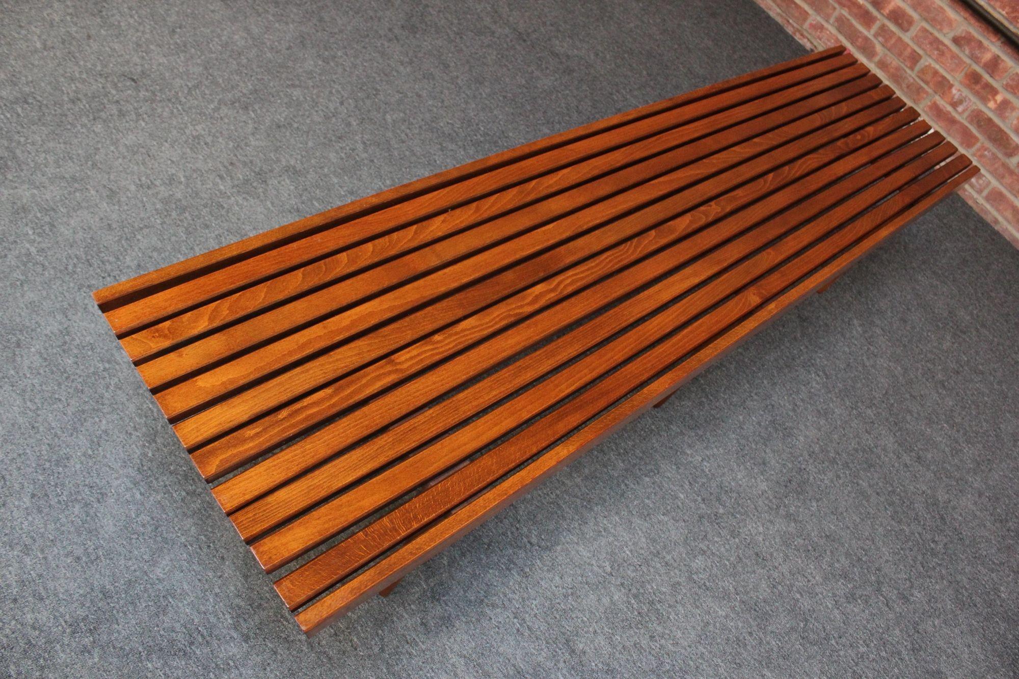 American Long Mid-Century Modern Walnut Slatted Bench / Coffee Table with Tapered Legs For Sale