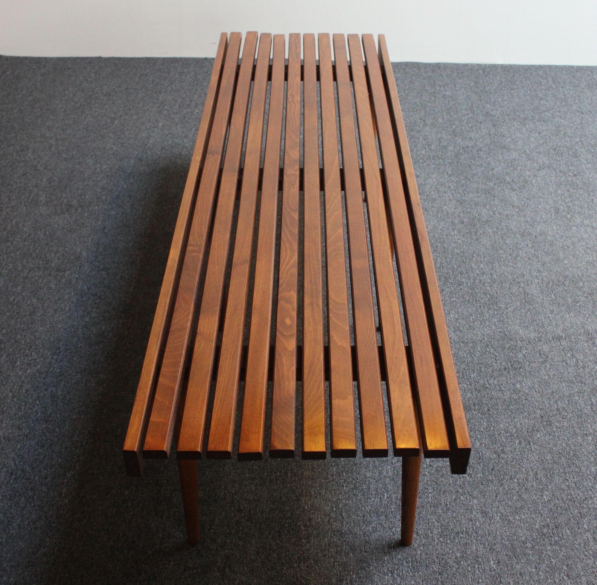 Long Mid-Century Modern Walnut Slatted Bench / Coffee Table with Tapered Legs For Sale 10