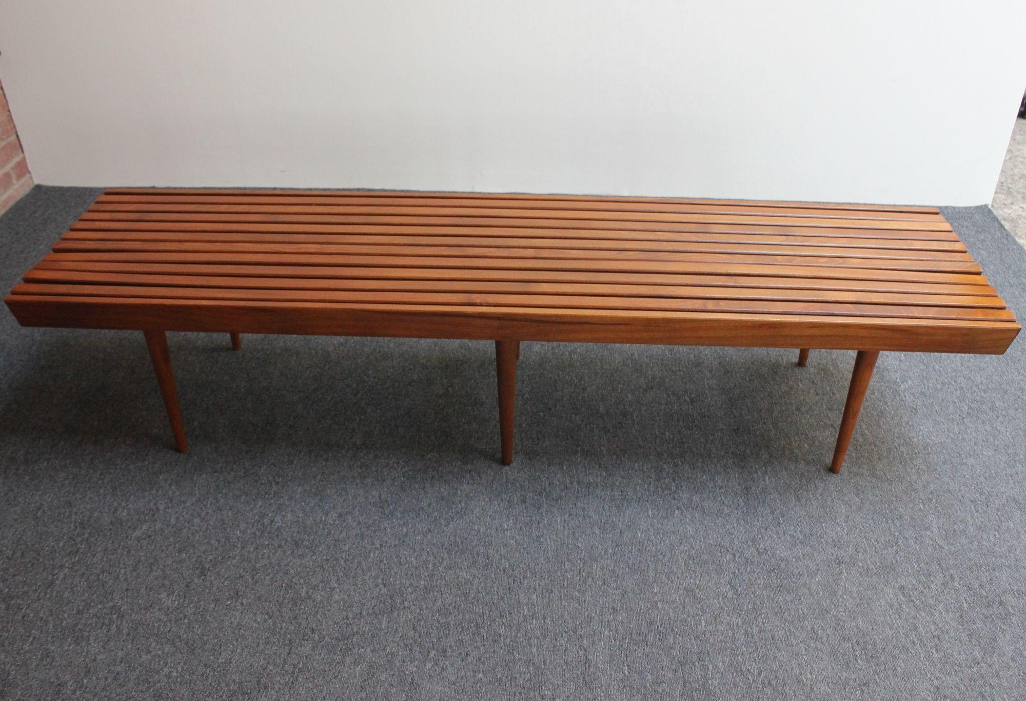 Long Mid-Century Modern Walnut Slatted Bench / Coffee Table with Tapered Legs For Sale 11