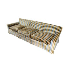 Long Midcentury Velvet Stripe Tuxedo Sofa Couch in Blue, Yellow, Gold and Cream