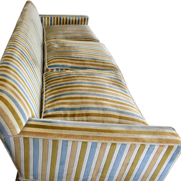 Mid-Century Modern Long Midcentury Velvet Stripe Tuxedo Sofa Couch in Blue, Yellow, Gold and Cream