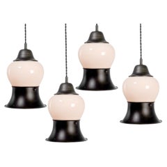 Long Milk Glass Over Steel Trumpet Pendants - Matching Pair