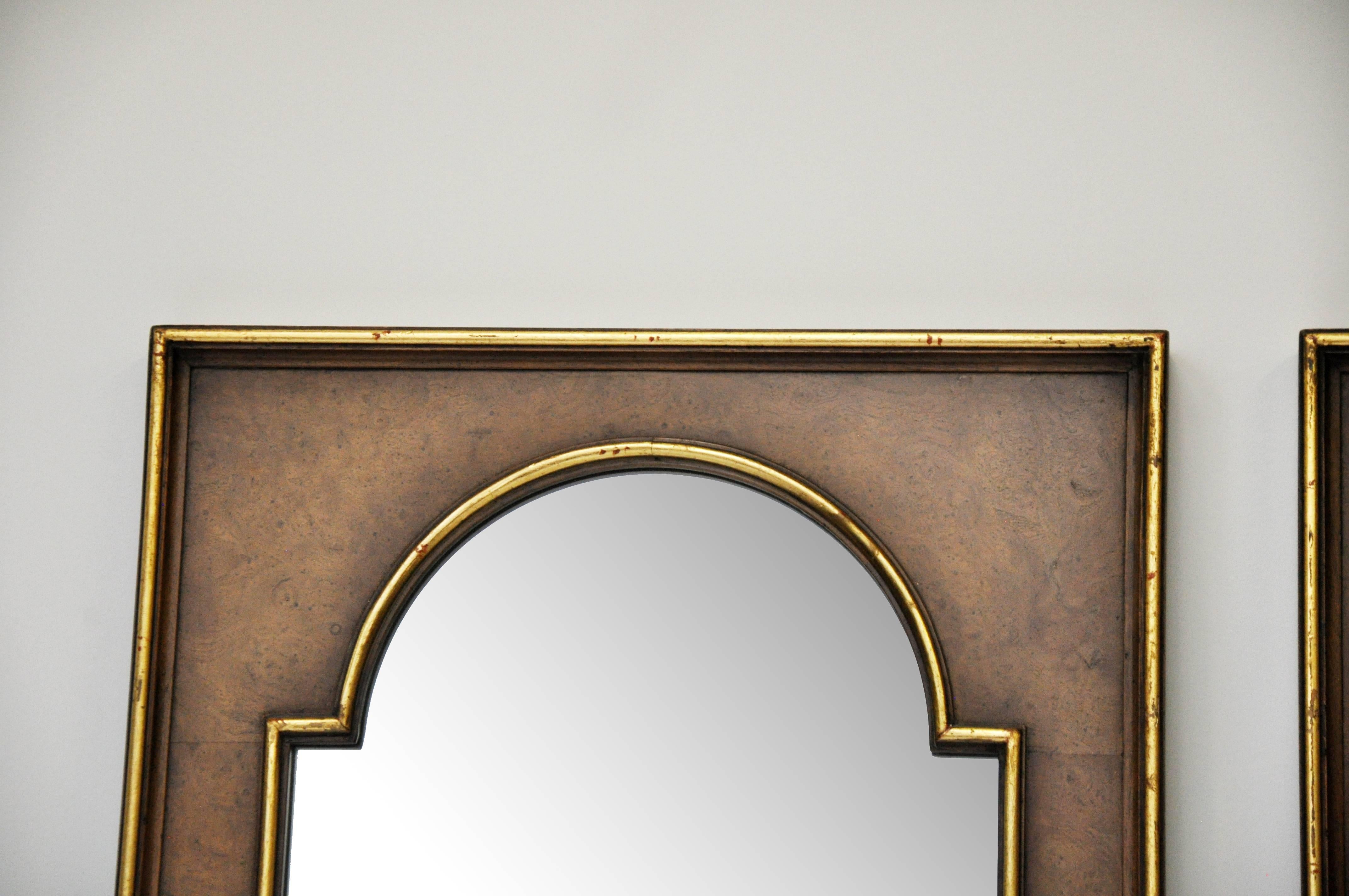 Pair of burled wood long mirrors with gold accent. Outer and inner rim is outlined in gold.