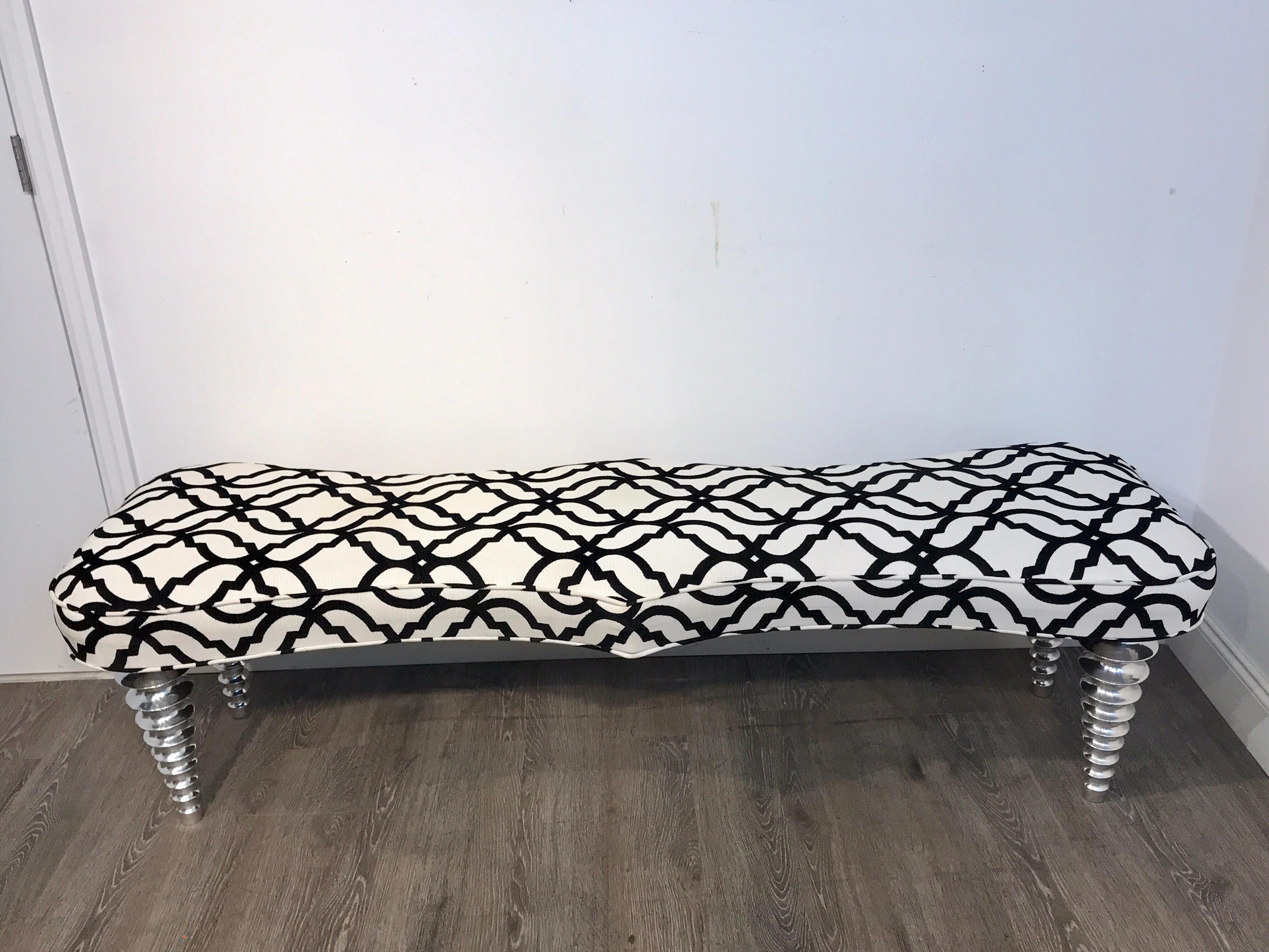 Long modern chrome bench in the style of Christopher Guy, stunning cut black and white velvet fabric, on a shaped tapering upholstered seat, raised on four polished chrome circular turned legs. The width tapers from 15