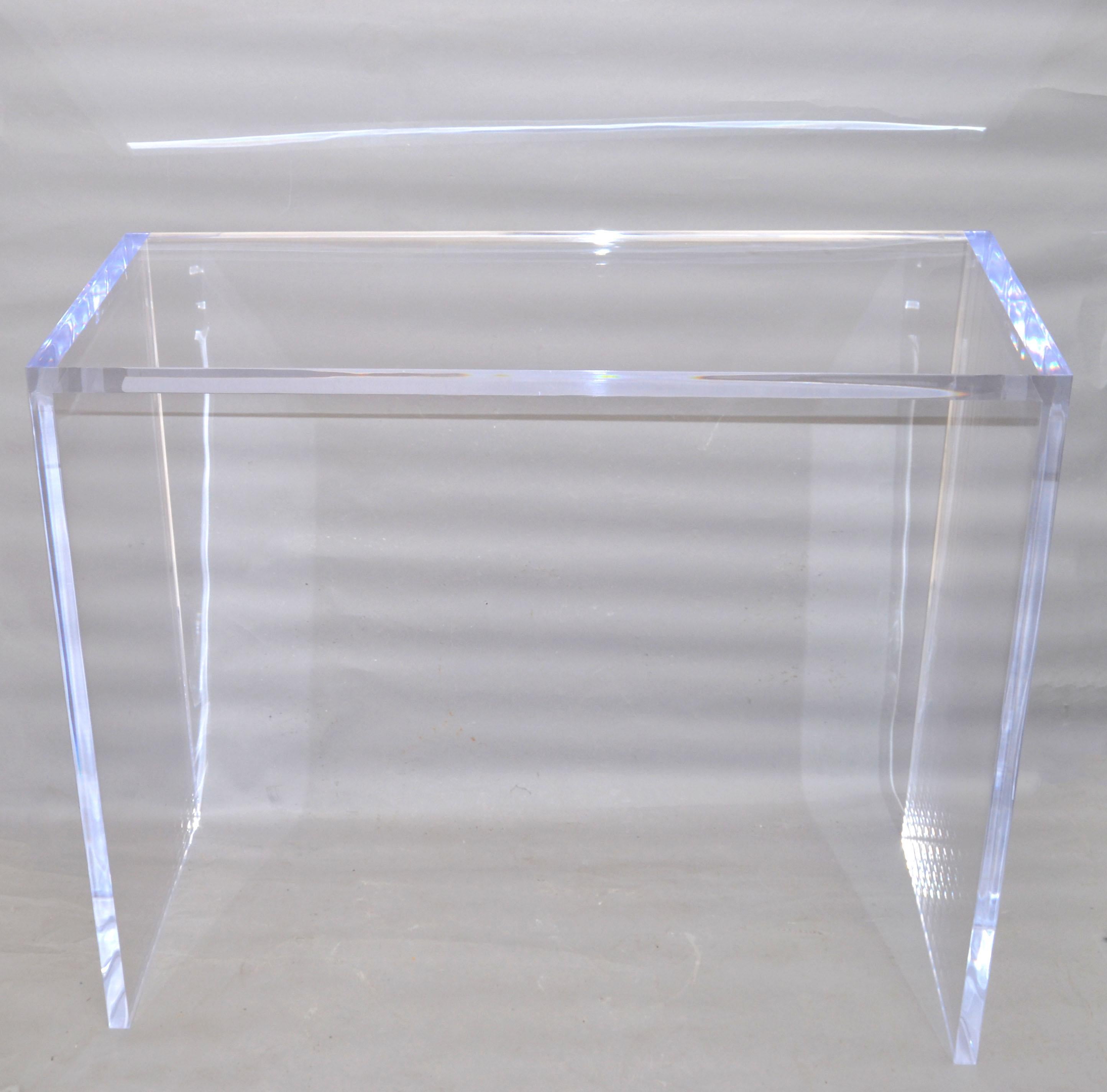 Modern Contemporary handmade clear Lucite console, hallway table, vanity.
Thick 1.25 inches Lucite panels make this Console sturdy and durable.
Slender Minimalist Design for any interior.