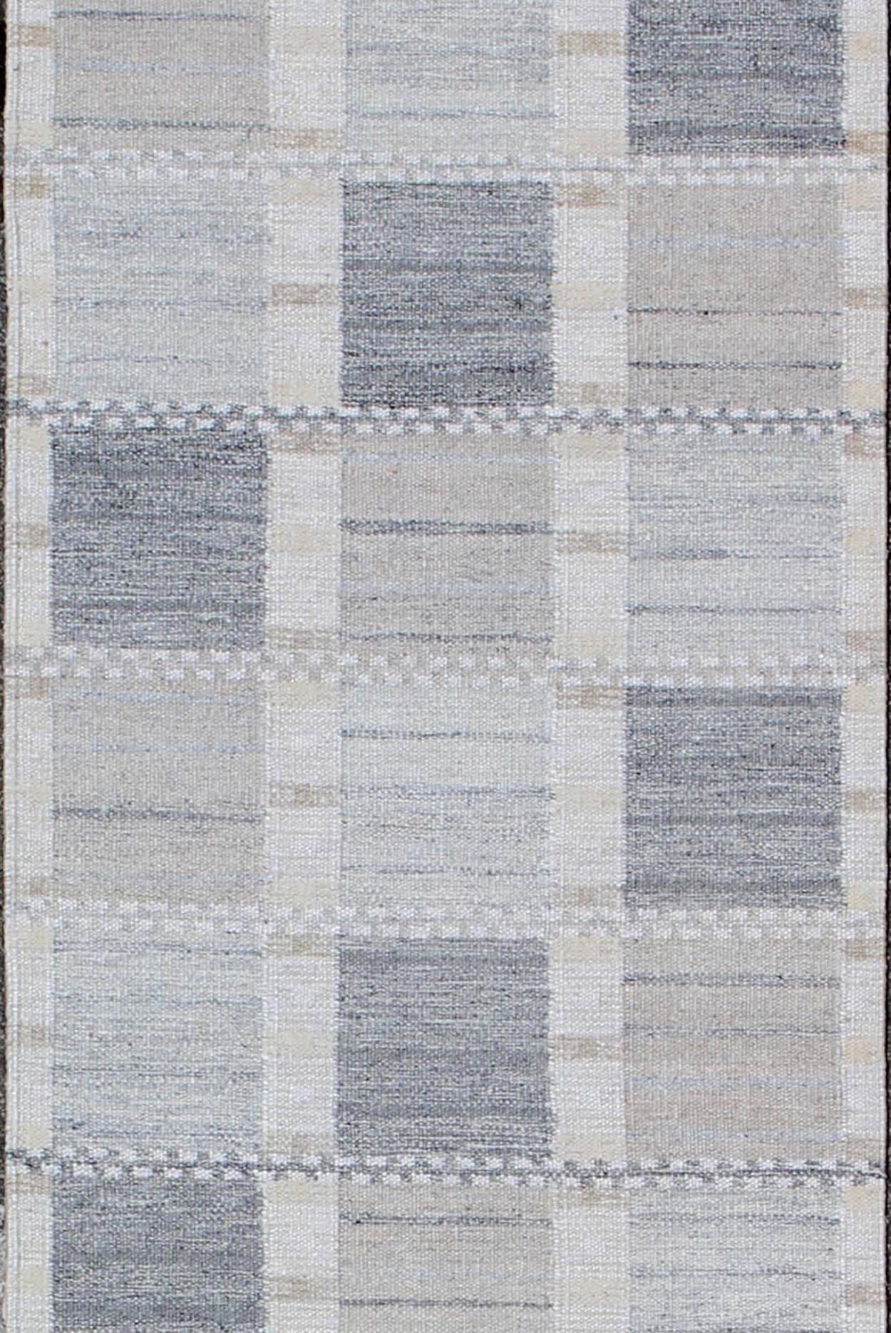 Indian Long Modern Geometric Runner in Gray, Cream, Ivory and Faint Taupe