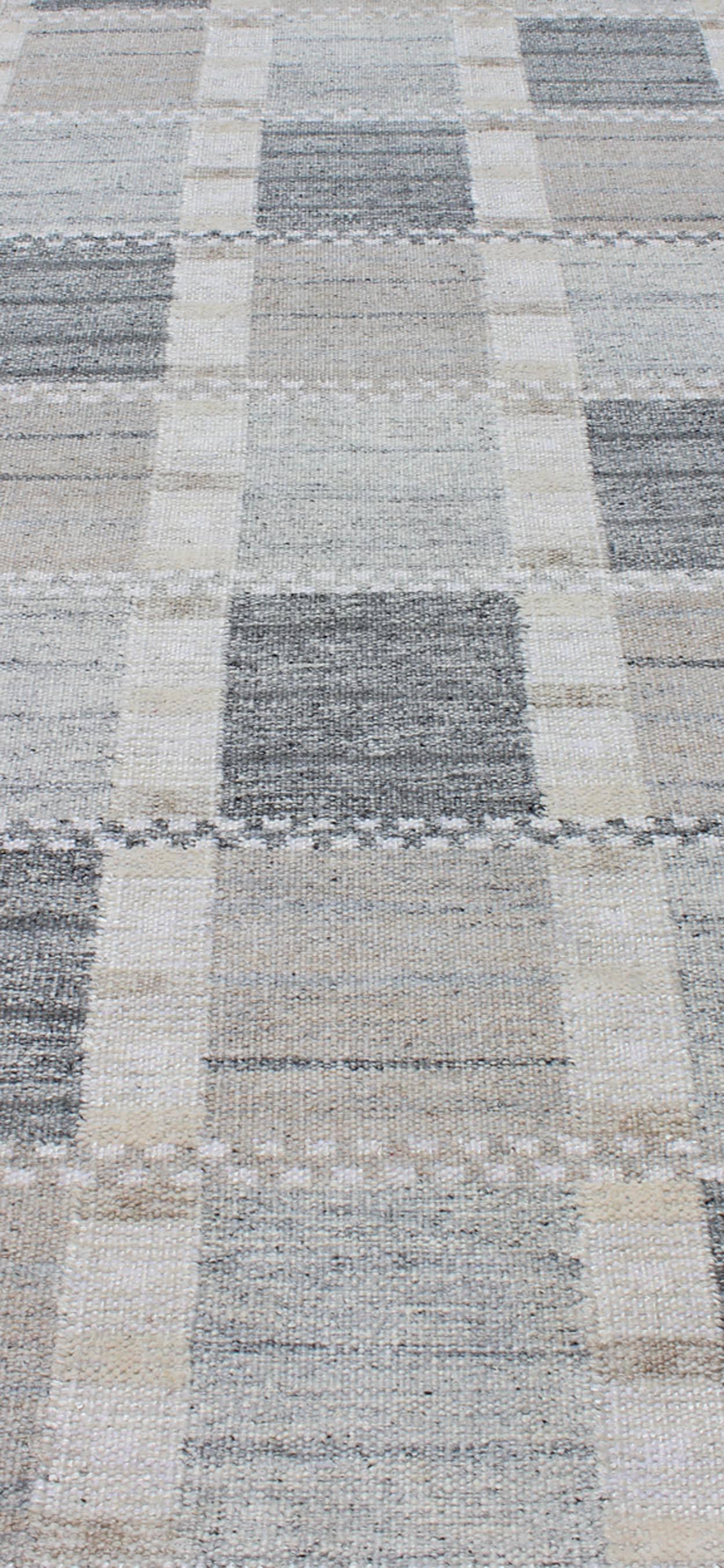 Hand-Woven Long Modern Geometric Runner in Gray, Cream, Ivory and Faint Taupe