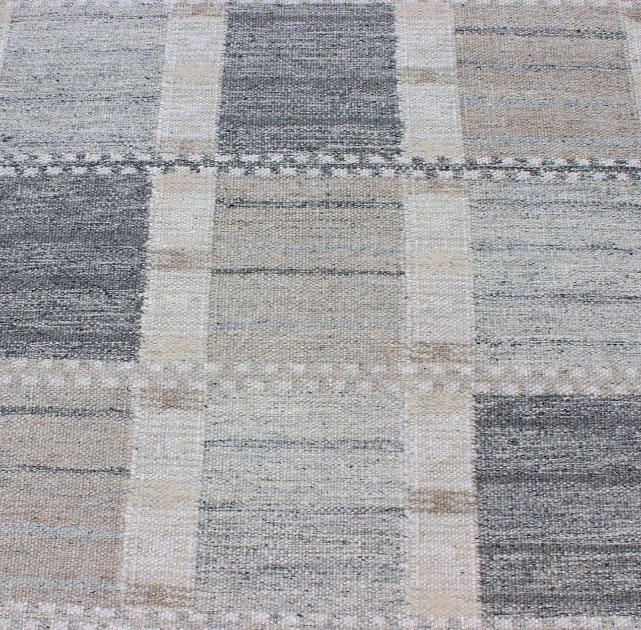 Contemporary Long Modern Geometric Runner in Gray, Cream, Ivory and Faint Taupe