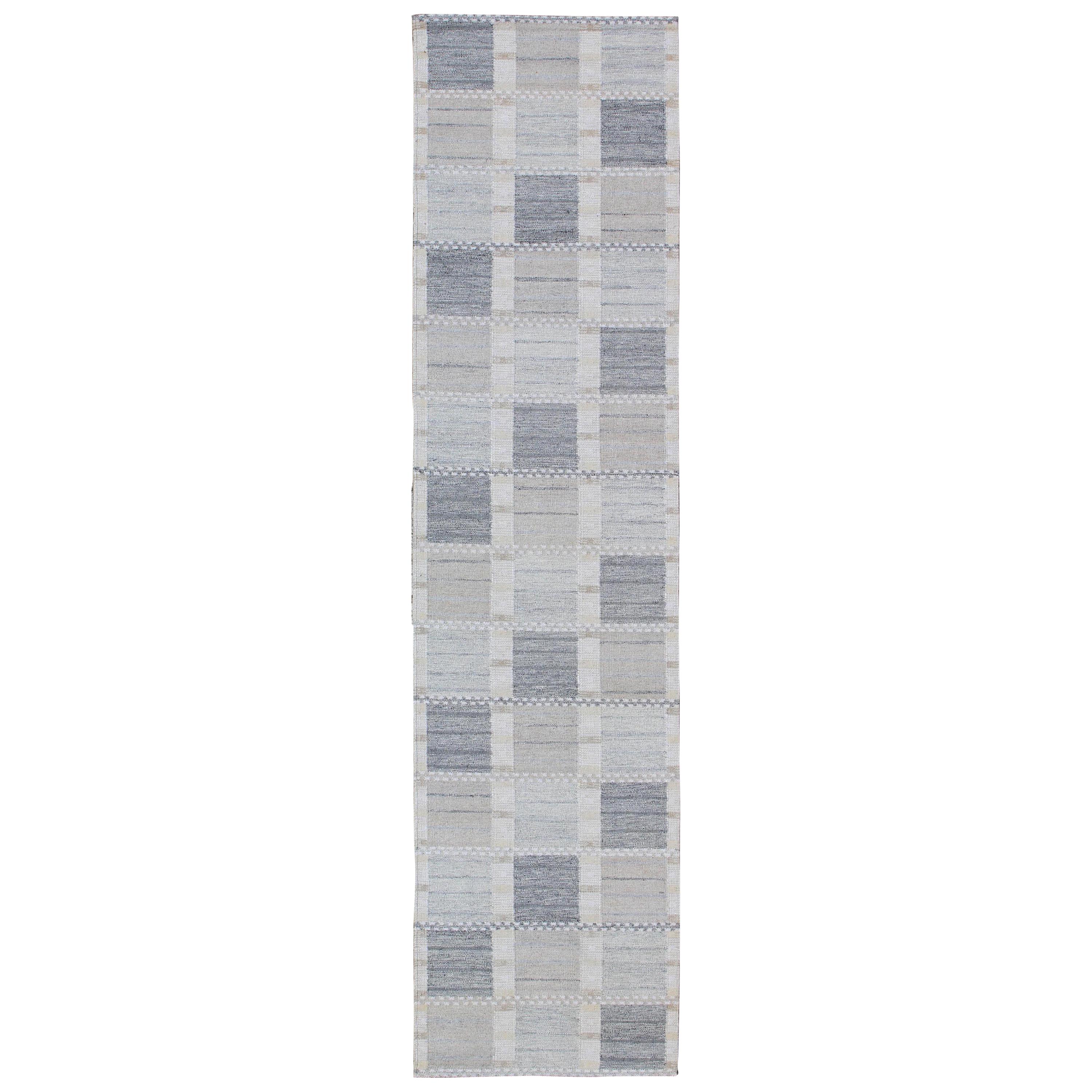Long Modern Geometric Runner in Gray, Cream, Ivory and Faint Taupe