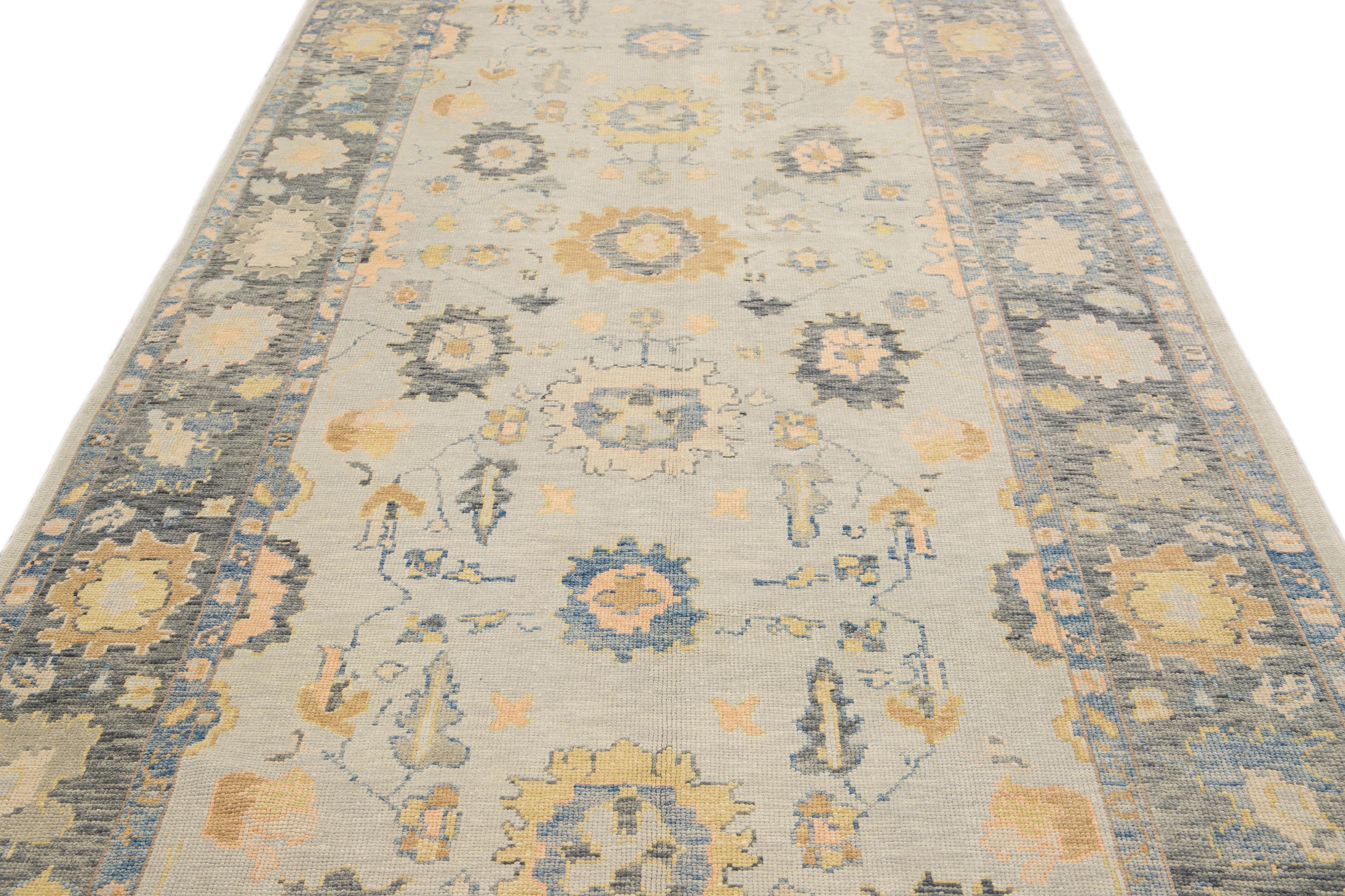 Hand-Knotted Long Modern Gray Turkish Oushak Handmade Floral Gallery Wool Runner For Sale