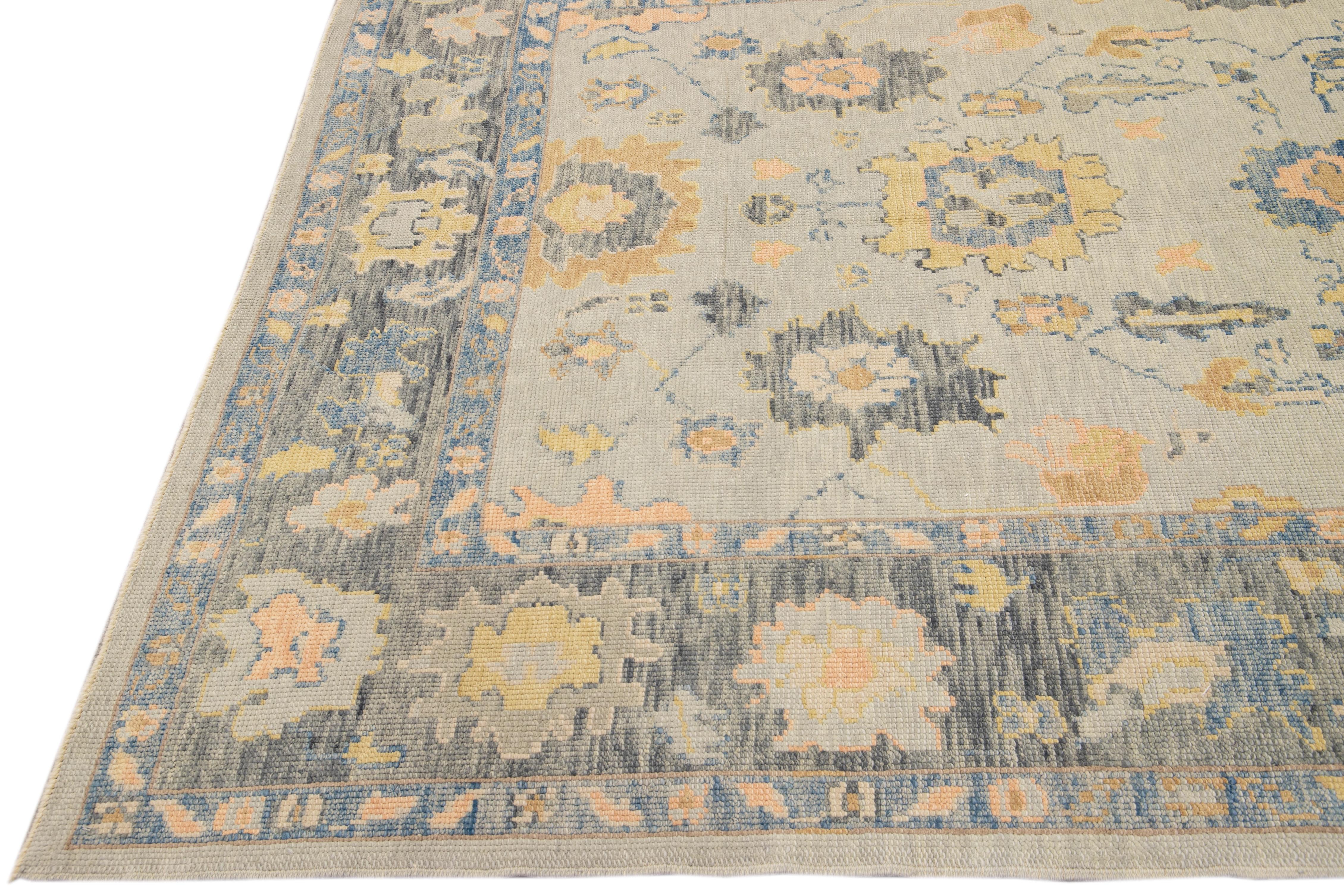 Long Modern Gray Turkish Oushak Handmade Floral Gallery Wool Runner In New Condition For Sale In Norwalk, CT