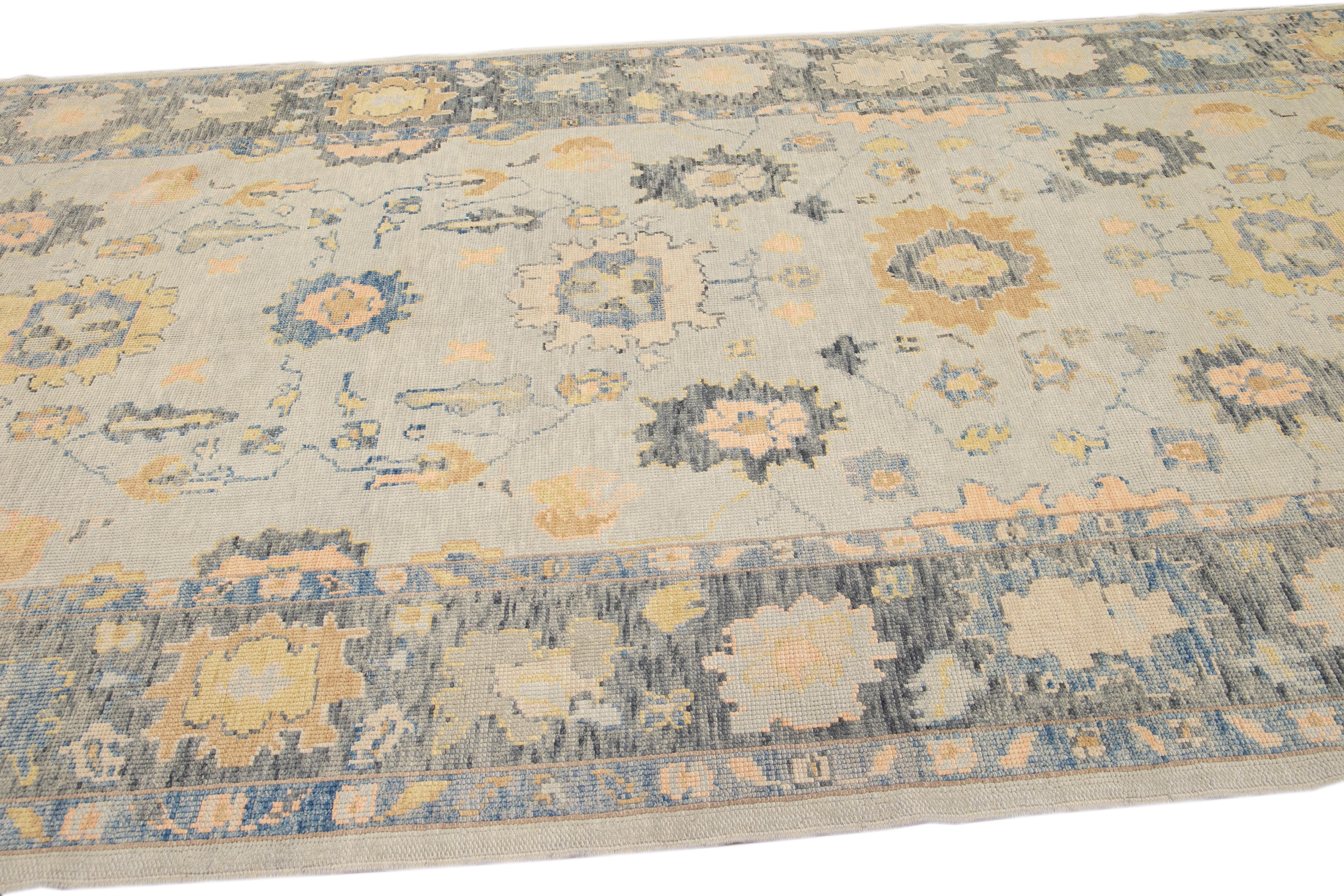 Contemporary Long Modern Gray Turkish Oushak Handmade Floral Gallery Wool Runner For Sale
