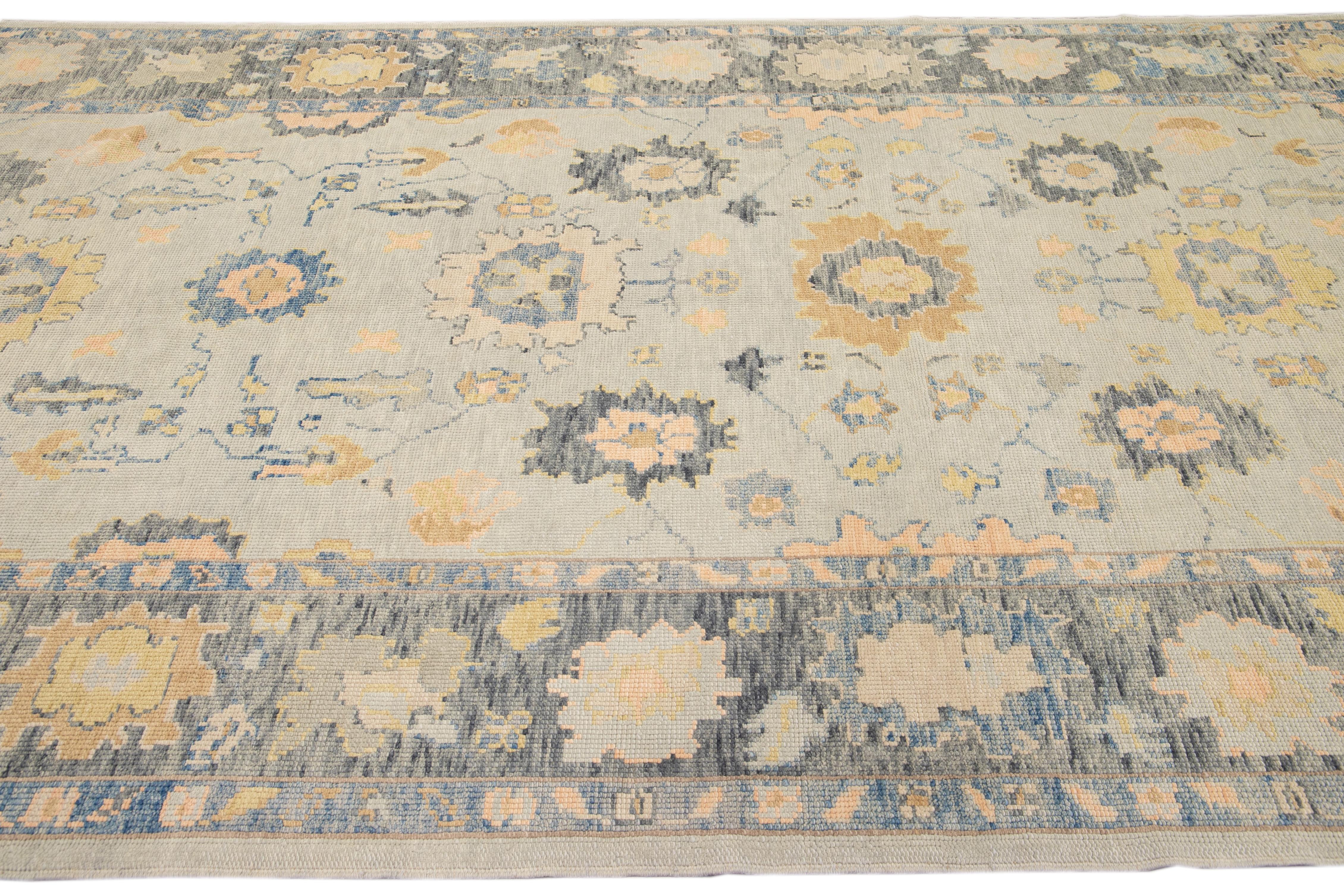 Long Modern Gray Turkish Oushak Handmade Floral Gallery Wool Runner For Sale 1