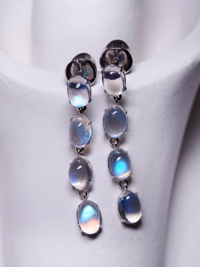 Long Moonstone 14K White Gold Earrings Natural Cabochon Water Drops Unisex For Sale 1