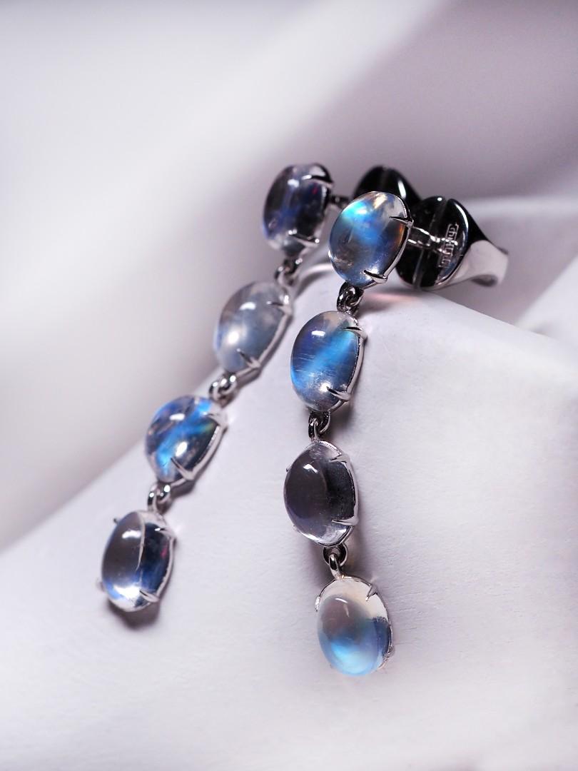 Long Moonstone 14K White Gold Earrings Natural Cabochon Water Drops Unisex For Sale 2