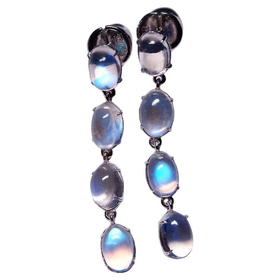 Long Moonstone 14K White Gold Earrings Natural Cabochon Water Drops Unisex For Sale
