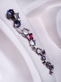Long Moonstone Ruby Diamonds White Gold Single Mono Earring