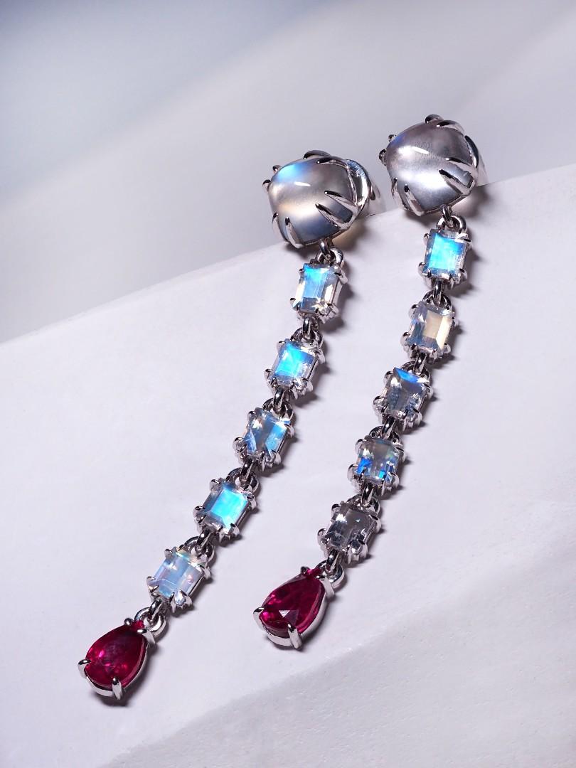 Cabochon Long Moonstone Ruby White Gold Earrings Natural Gems Art Deco Style For Sale