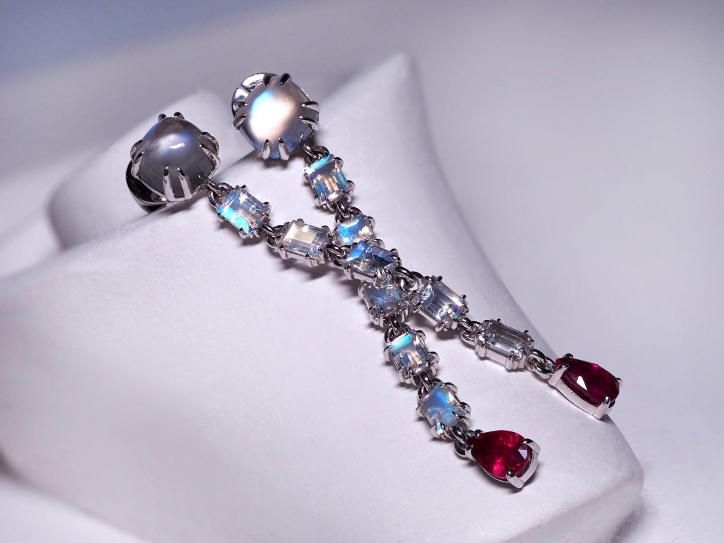 Women's or Men's Long Moonstone Ruby White Gold Earrings Natural Gems Art Deco Style For Sale