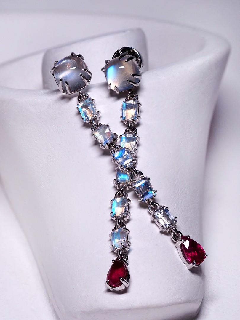 Long Moonstone Ruby White Gold Earrings Natural Gems Art Deco Style For Sale 1