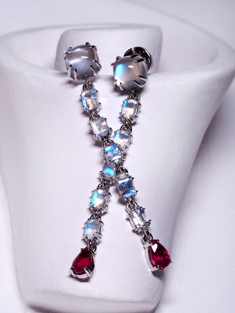 Long Moonstone Ruby White Gold Earrings Natural Gems Art Deco Style For Sale 2