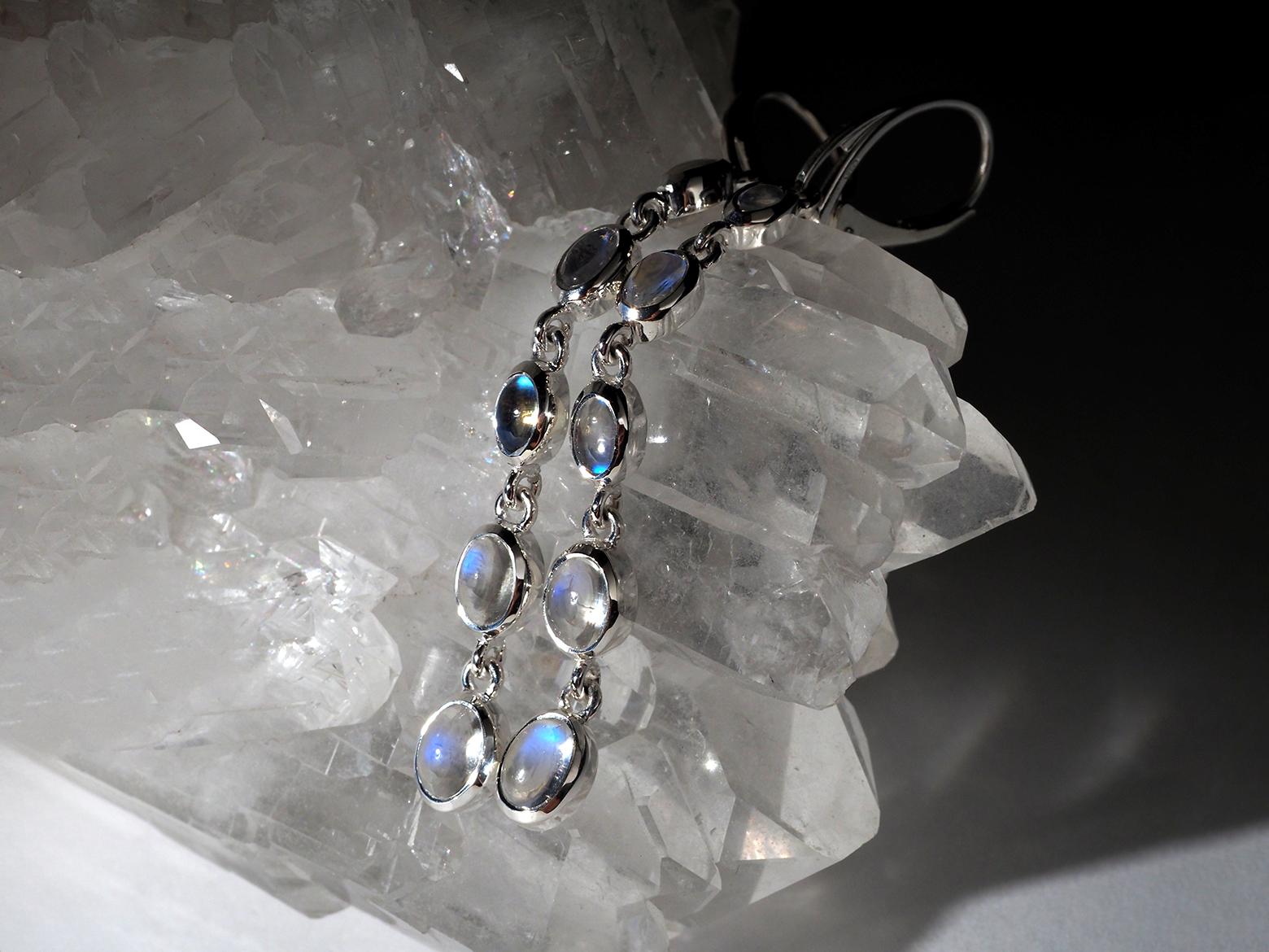 Women's or Men's Long Moonstone Silver Earrings Blue High Quality Gemstone For Sale