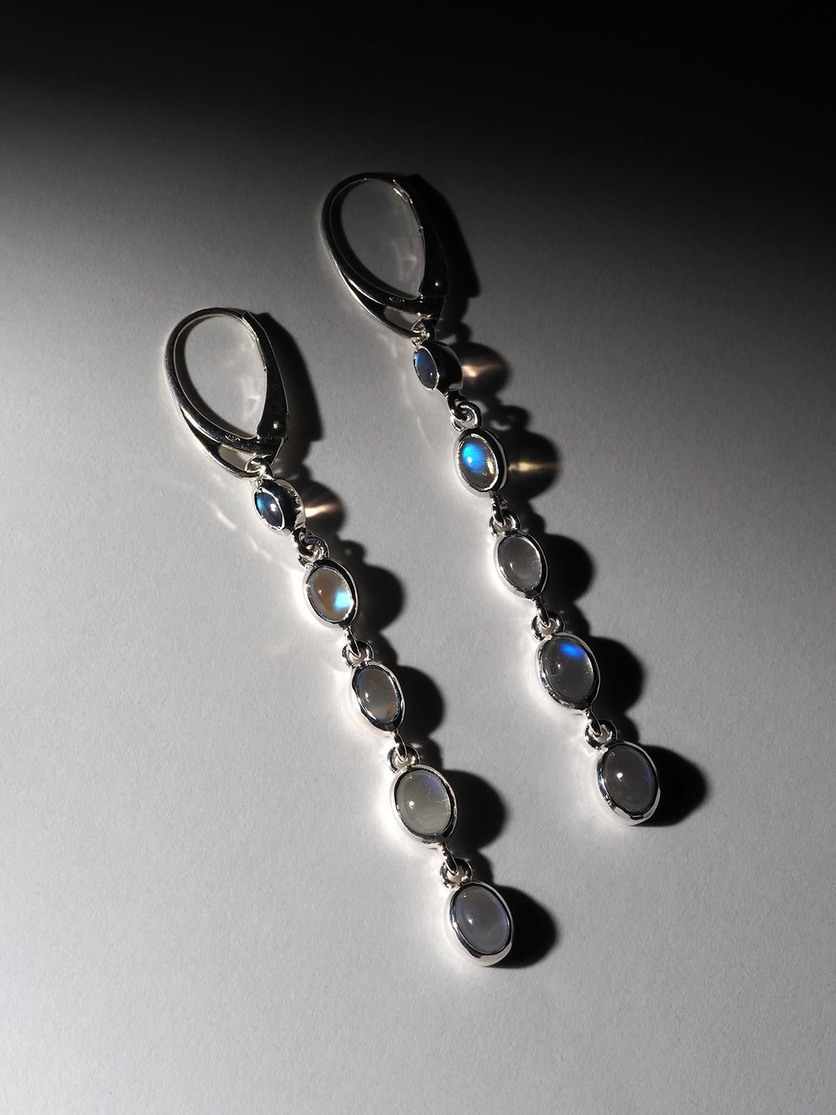Long Moonstone Silver Earrings Blue High Quality Gemstone For Sale 3