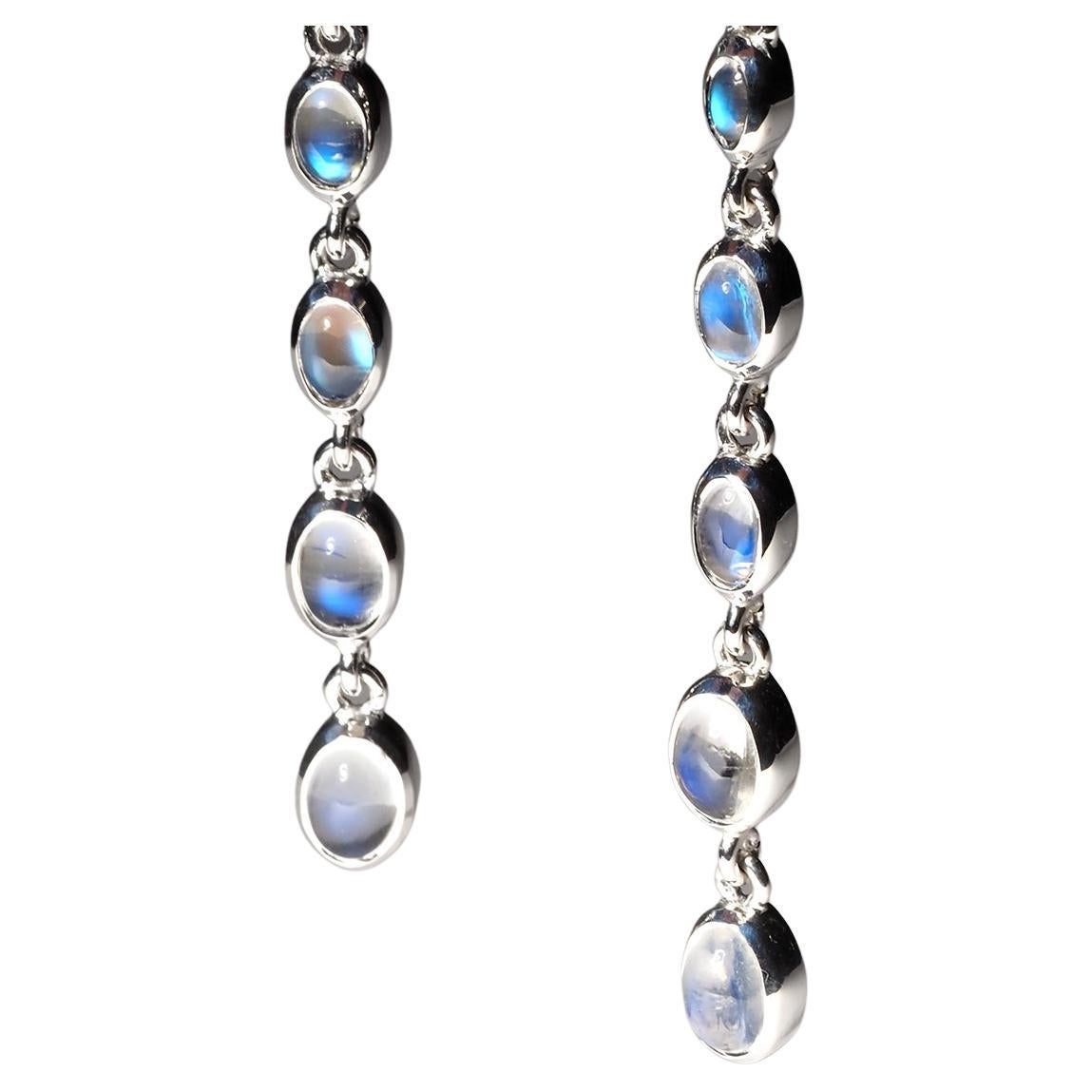 Pendientes Largos de Plata Piedra Lunar Azul Piedra Preciosa de Alta Calidad