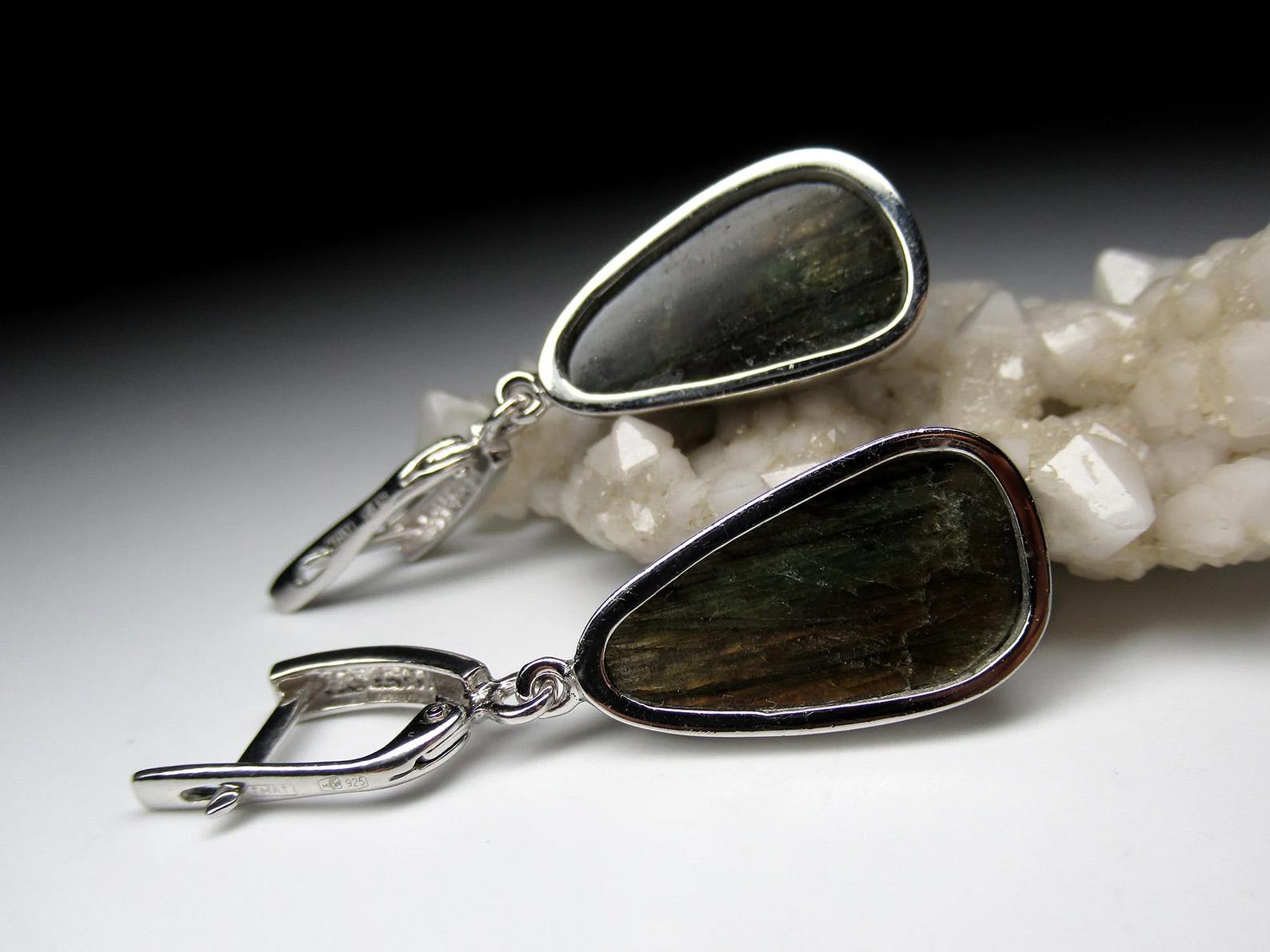 Artisan Long Moonstone Silver Earrings High Quality Labradorite Natural Gemstone For Sale