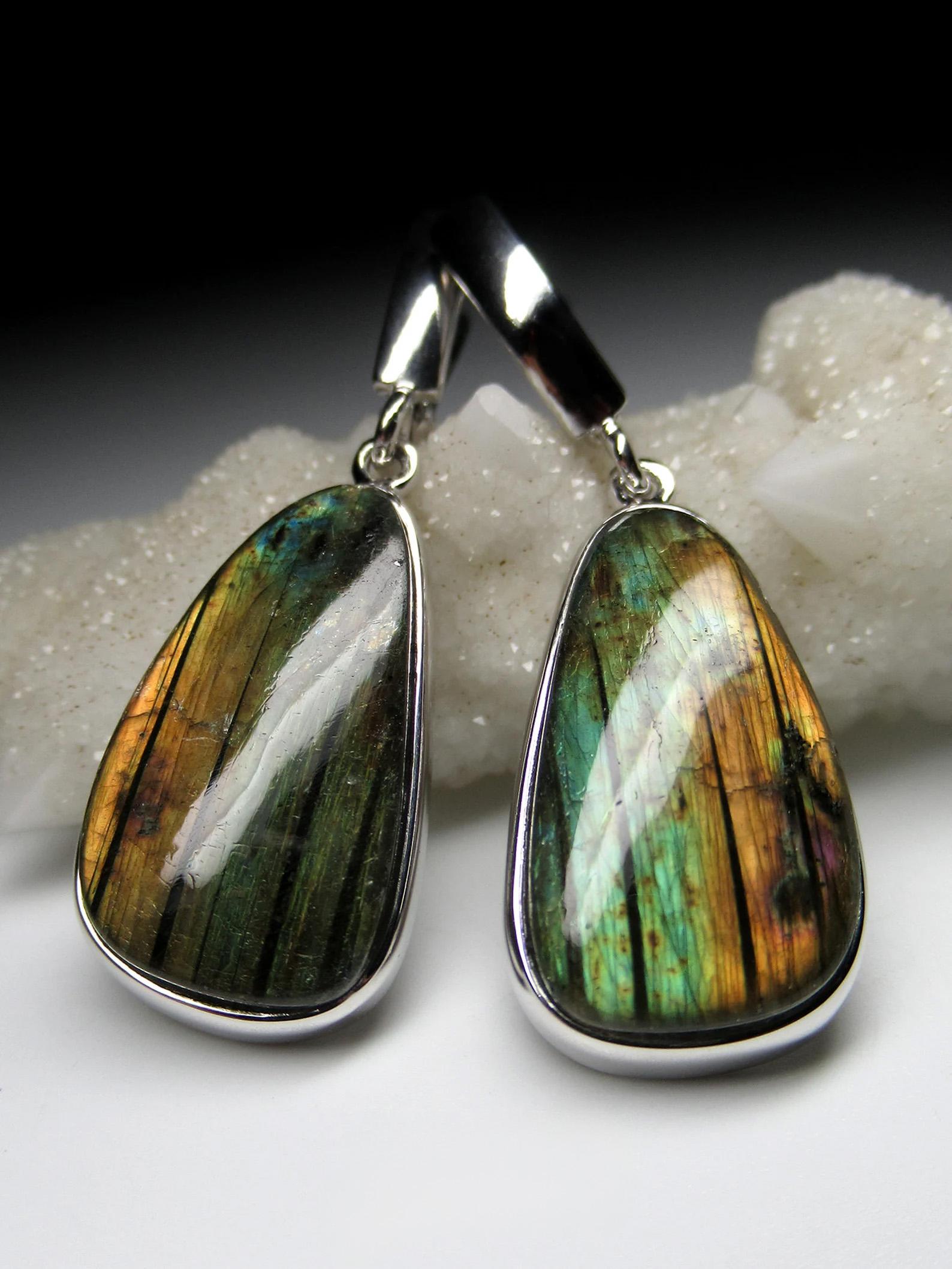 Pear Cut Long Moonstone Silver Earrings High Quality Labradorite Natural Gemstone For Sale