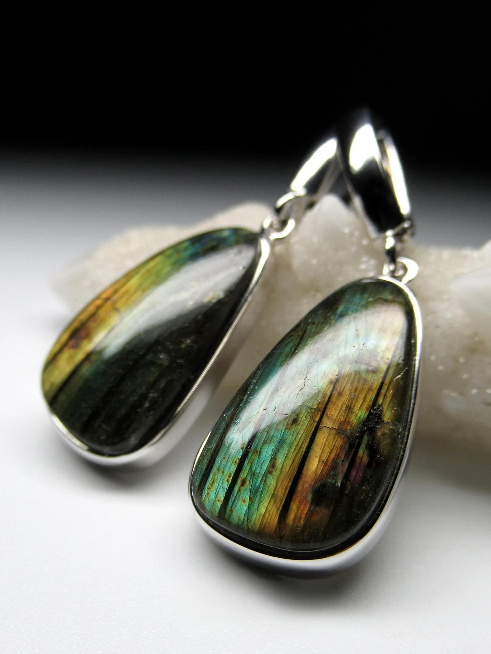 Long Moonstone Silver Earrings High Quality Labradorite Natural Gemstone For Sale 1
