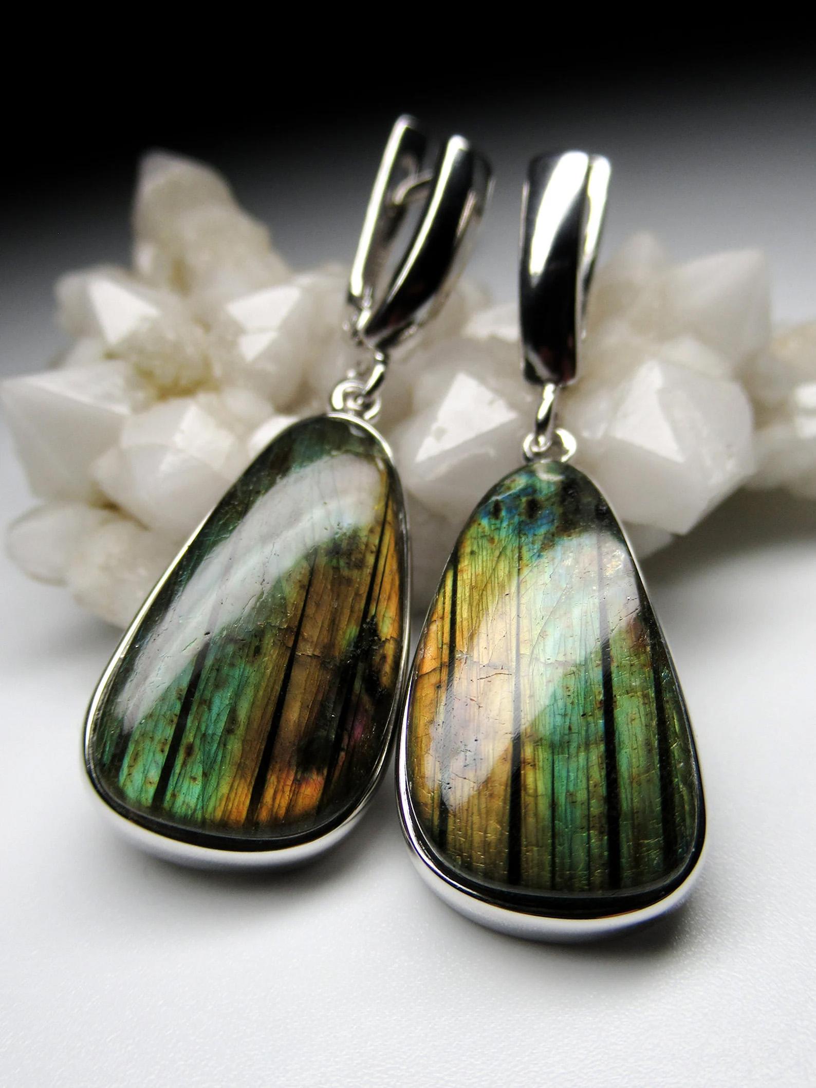 Long Moonstone Silver Earrings High Quality Labradorite Natural Gemstone For Sale 2